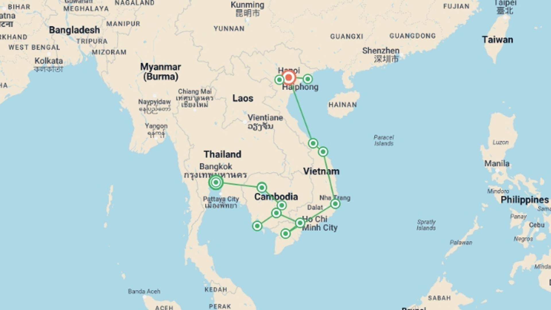 A map showing the tour itinerary for the trip: Cambodia & Vietnam Experience, starting in Bangkok, Thailand and ending in Hanoi, Vietnam going through 12 other destinations.