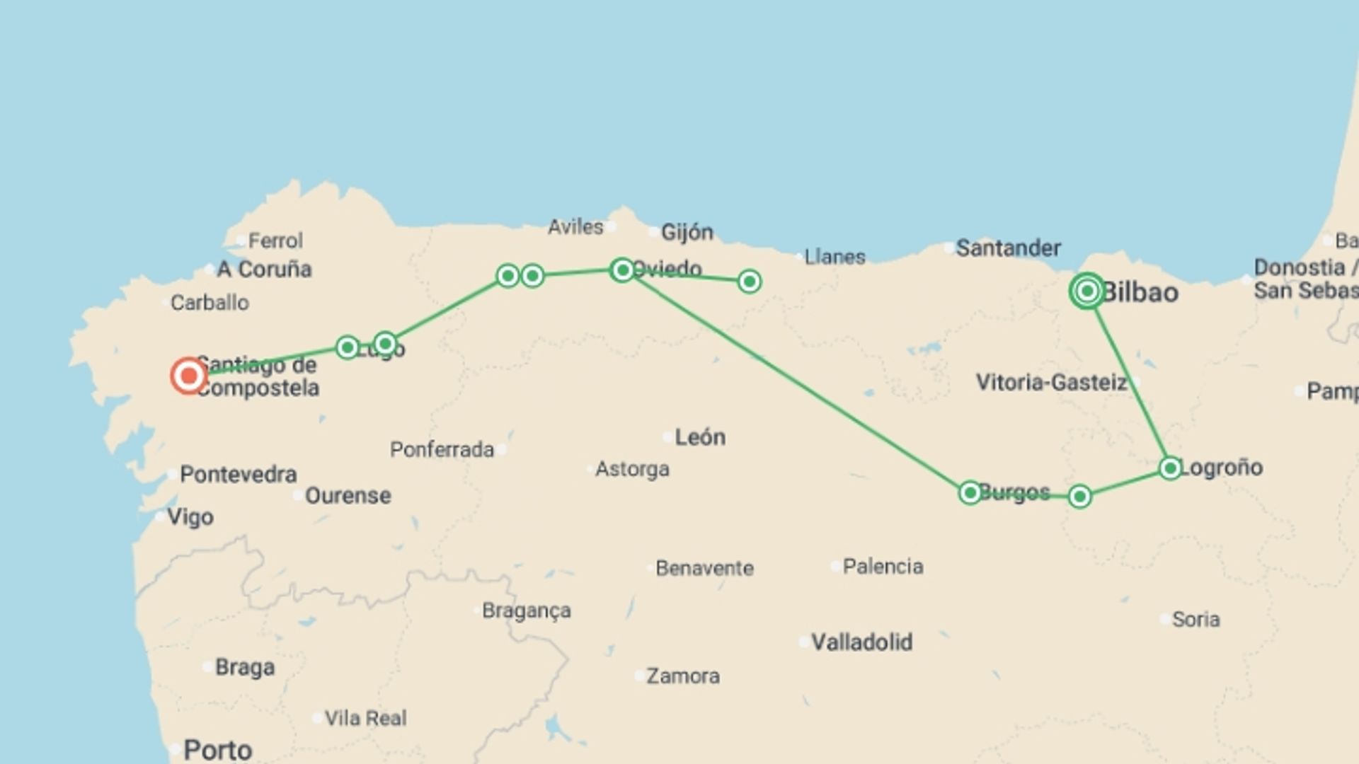 A map showing the tour itinerary for the trip: Food Lover's Spanish Camino, starting in Bilbao, Spain and ending in Santiago De Compostela, Spain going through 11 other destinations.