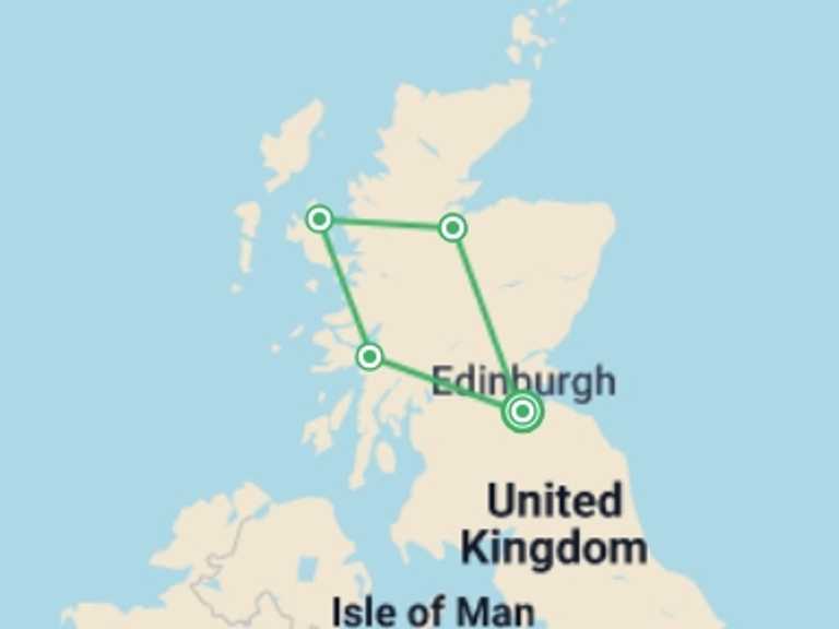 Map of 5-Day Scotland Tour with 4 destination visits for the trip: Winter Highland Fling