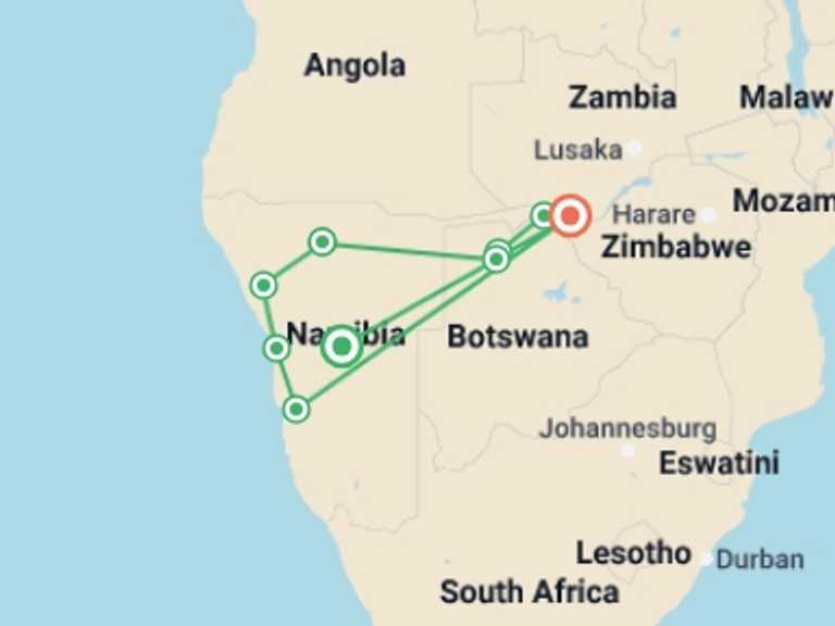 Map itinerary of Windhoek Tour in November 2026 with 9 destination visits for the trip: Southern African Desert Rivers and Wildlife