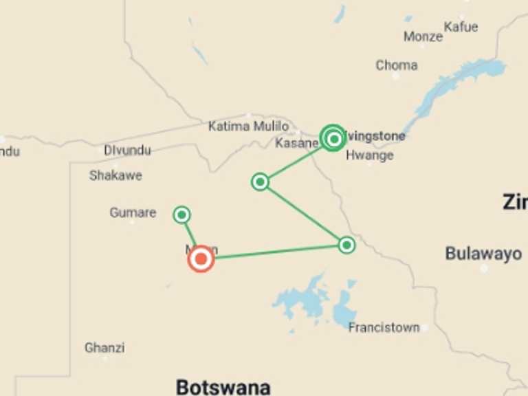 Map of Victoria Falls Wildlife safaris and game drives Tour with 6 destination visits for the trip: Victoria Falls & Okavango Delta: 8 Days