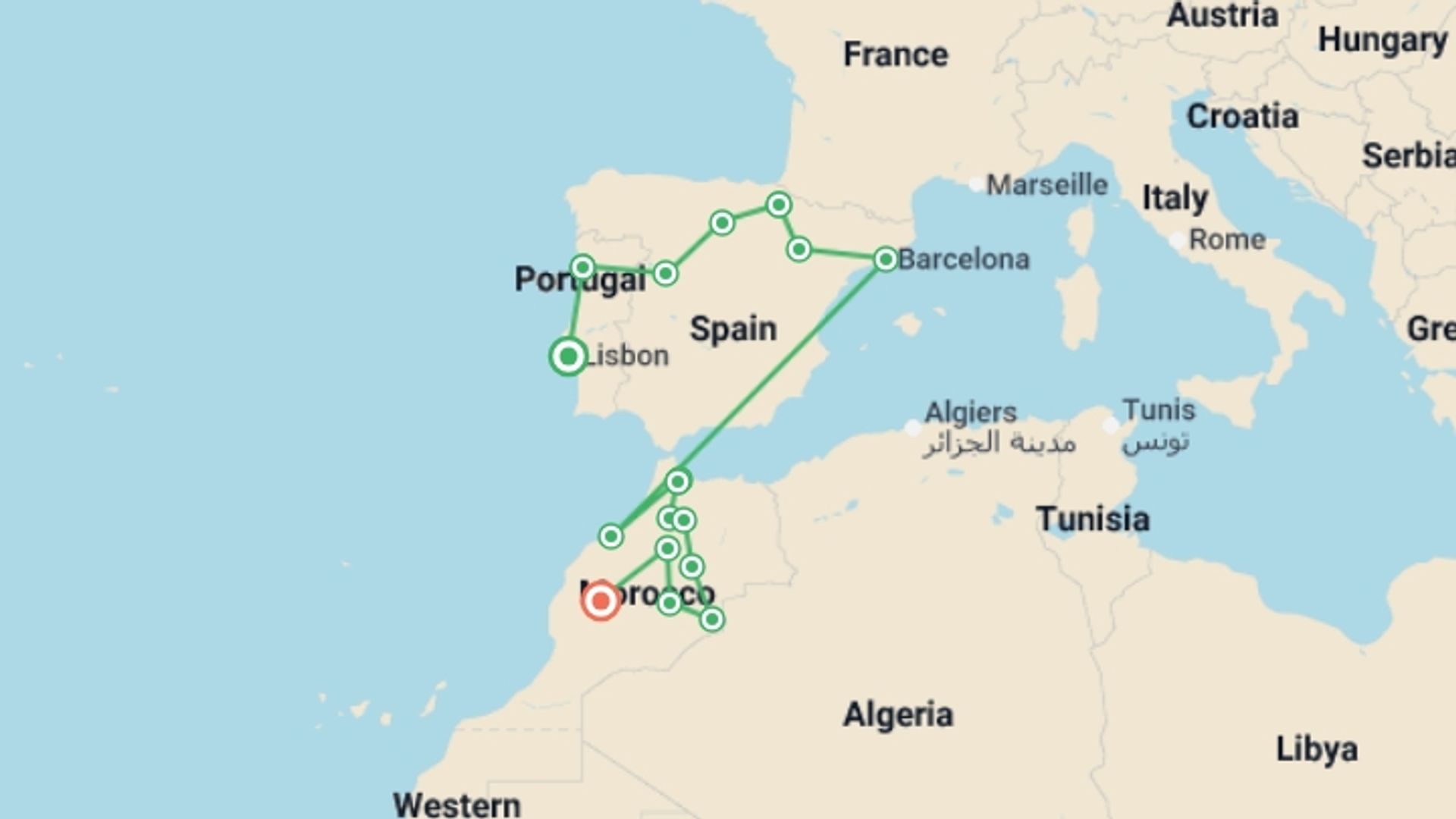A map showing the tour itinerary for the trip: Lisbon to Marrakesh, starting in Lisbon, Portugal and ending in Marrakech, Morocco going through 12 other destinations.