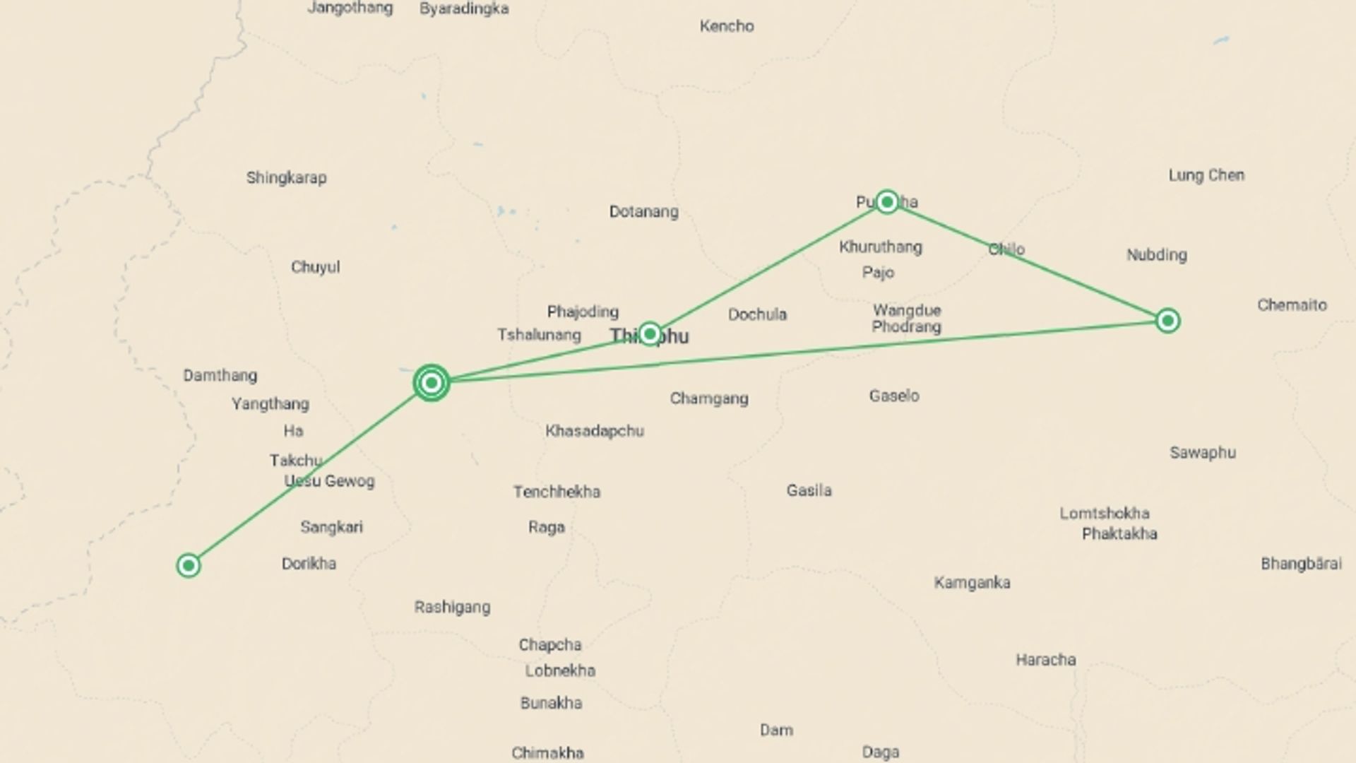 A map showing the tour itinerary for the trip: 9-Day Land of Mysticism Bhutan Tour, starting in Paro, Bhutan and ending in Paro, Bhutan going through 3 other destinations.