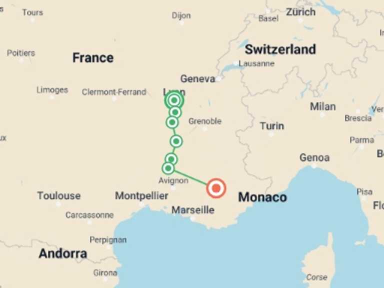 Map of Europe Tour with 7 destination visits for the trip: Via Rhôna Cycle Path: Lyon to Provence