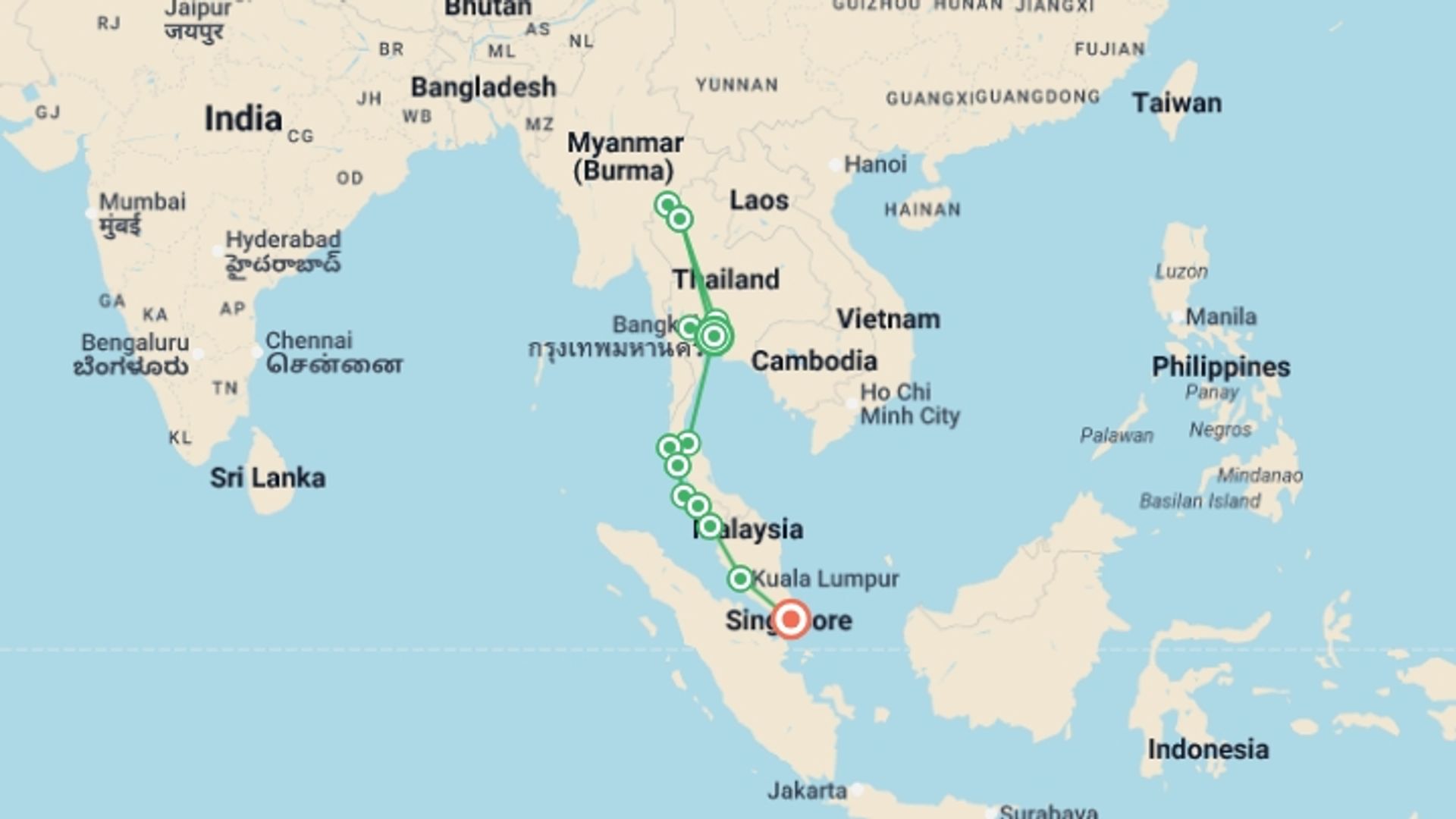 A map showing the tour itinerary for the trip: Thailand, Malaysia and Singapore Escapade, starting in Bangkok, Thailand and ending in Singapore, Singapore going through 9 other destinations.