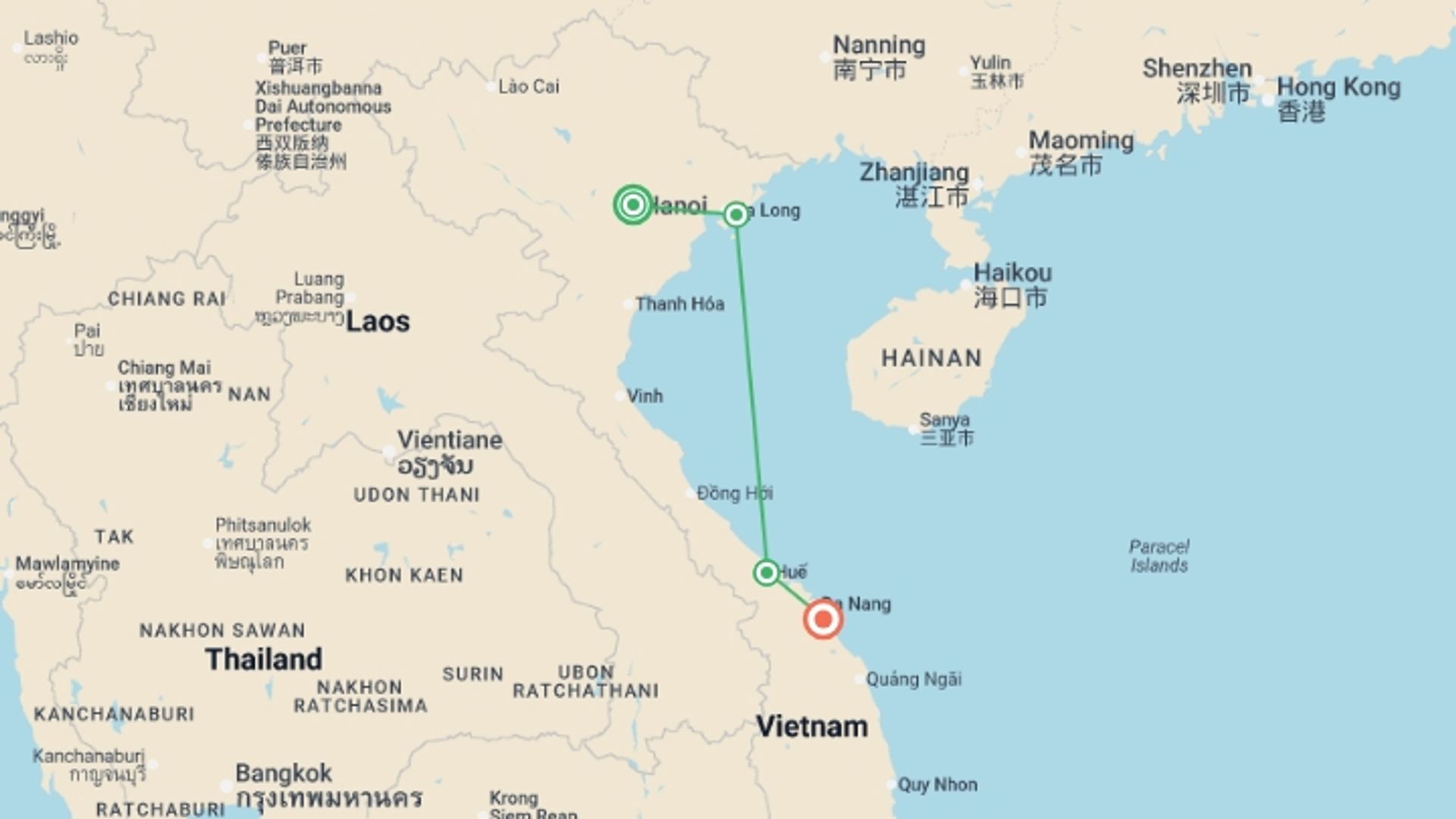 A map showing the tour itinerary for the trip: Full Moon Festival Express - 8 days, starting in Hanoi, Vietnam and ending in Hoi An, Vietnam going through 2 other destinations.