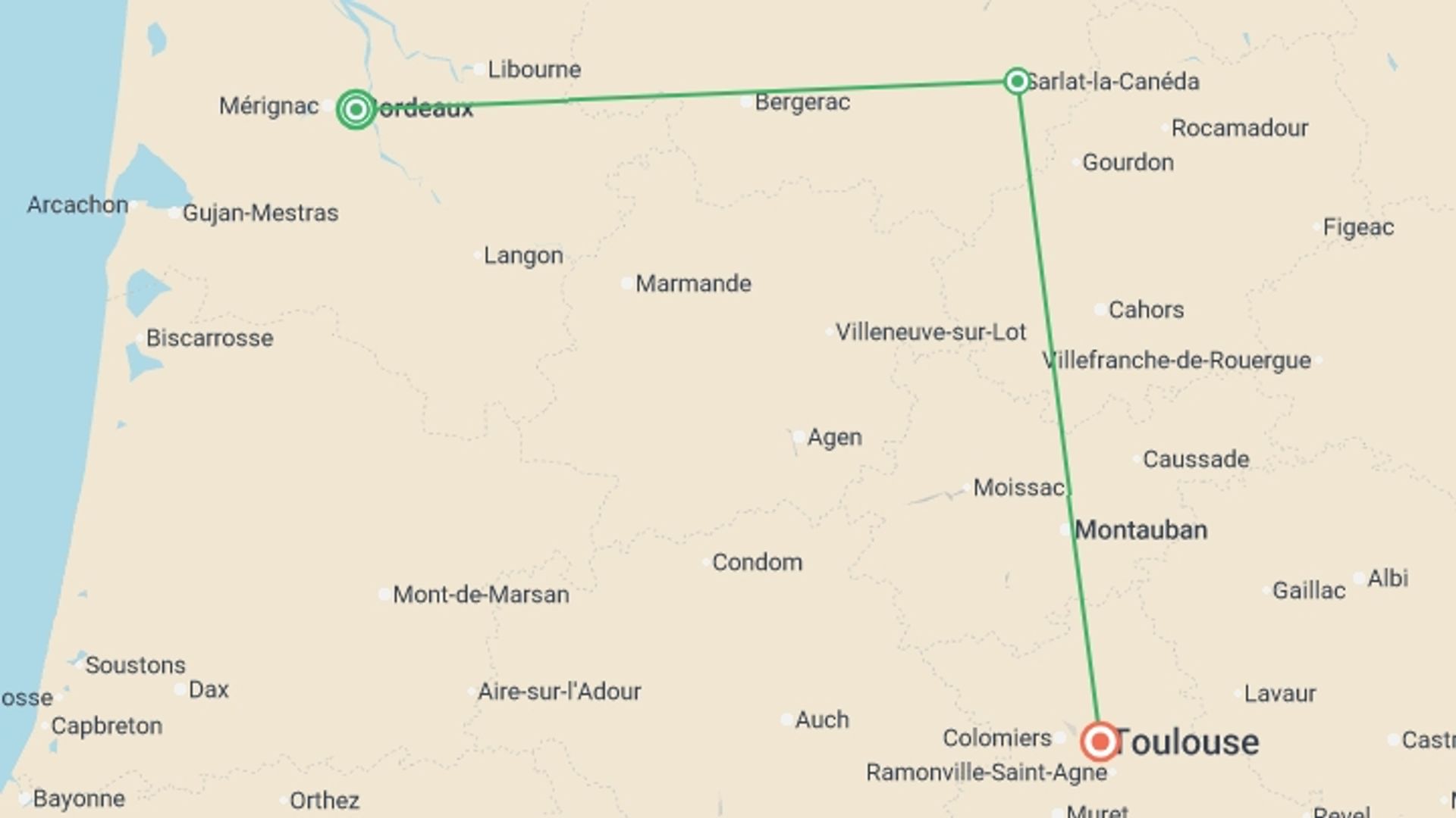 A map showing the tour itinerary for the trip: Signature: Bordeaux & Dordogne, Cradle of Prehistory, starting in Bordeaux, France and ending in Toulouse, France going through 1 other destinations.