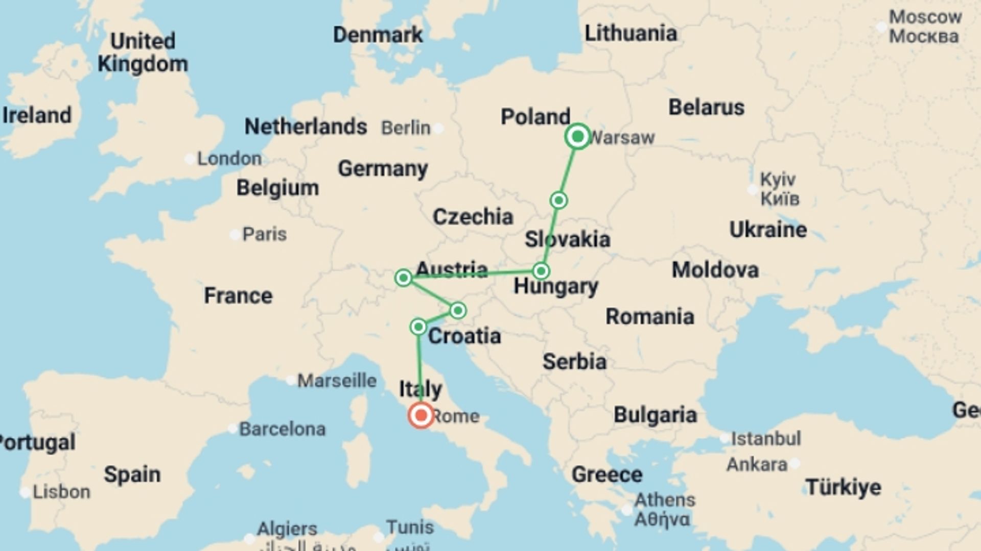 A map showing the tour itinerary for the trip: Warsaw to Rome Vistas, starting in Warsaw, Poland and ending in Rome, Italy going through 5 other destinations.