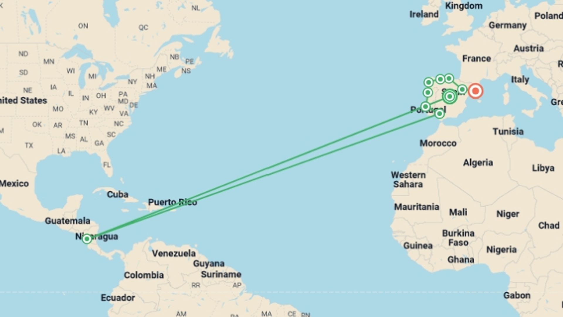 A map showing the tour itinerary for the trip: Treasures from Spain and Portugal, starting in Madrid, Spain and ending in Barcelona, Spain going through 8 other destinations.