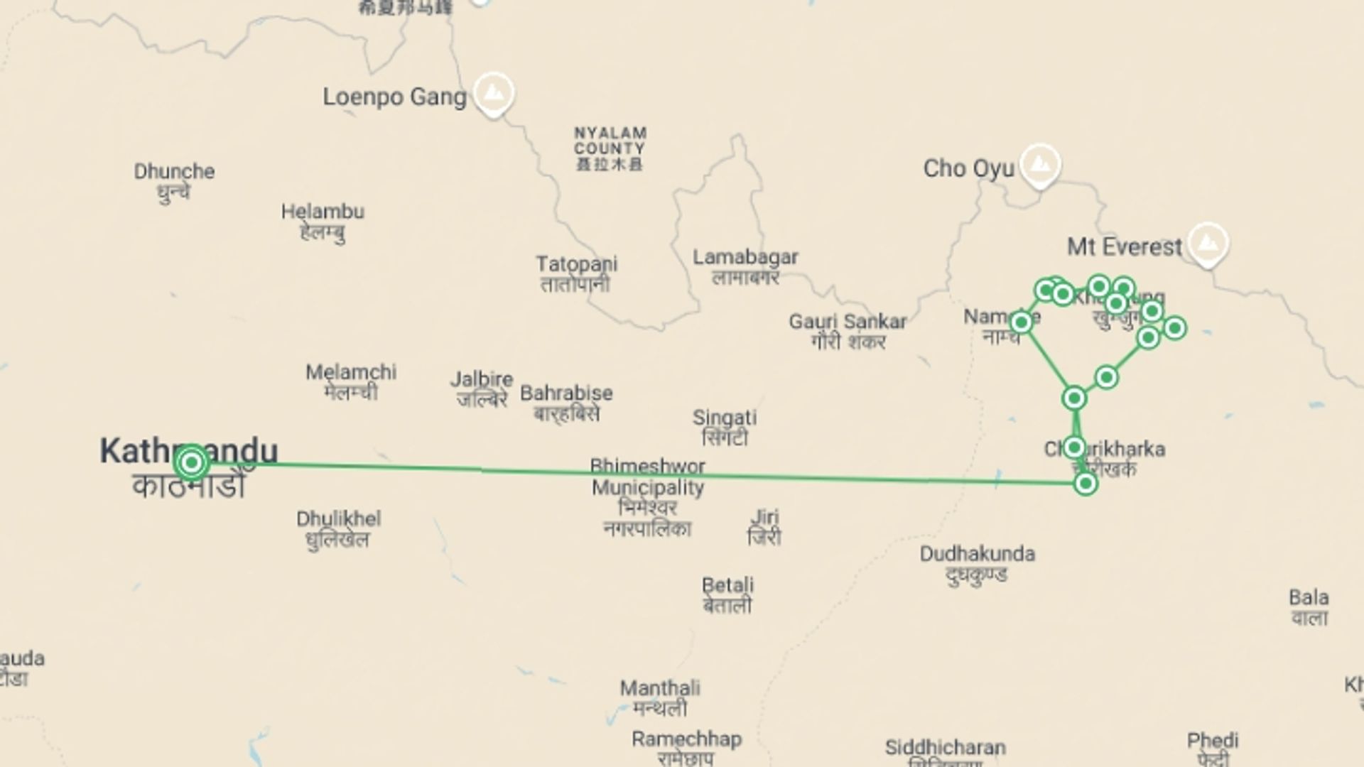 A map showing the tour itinerary for the trip: Everest 3 Passes Circuit Trek without EBC 16 Days , starting in Kathmandu, Nepal and ending in Kathmandu, Nepal going through 11 other destinations.