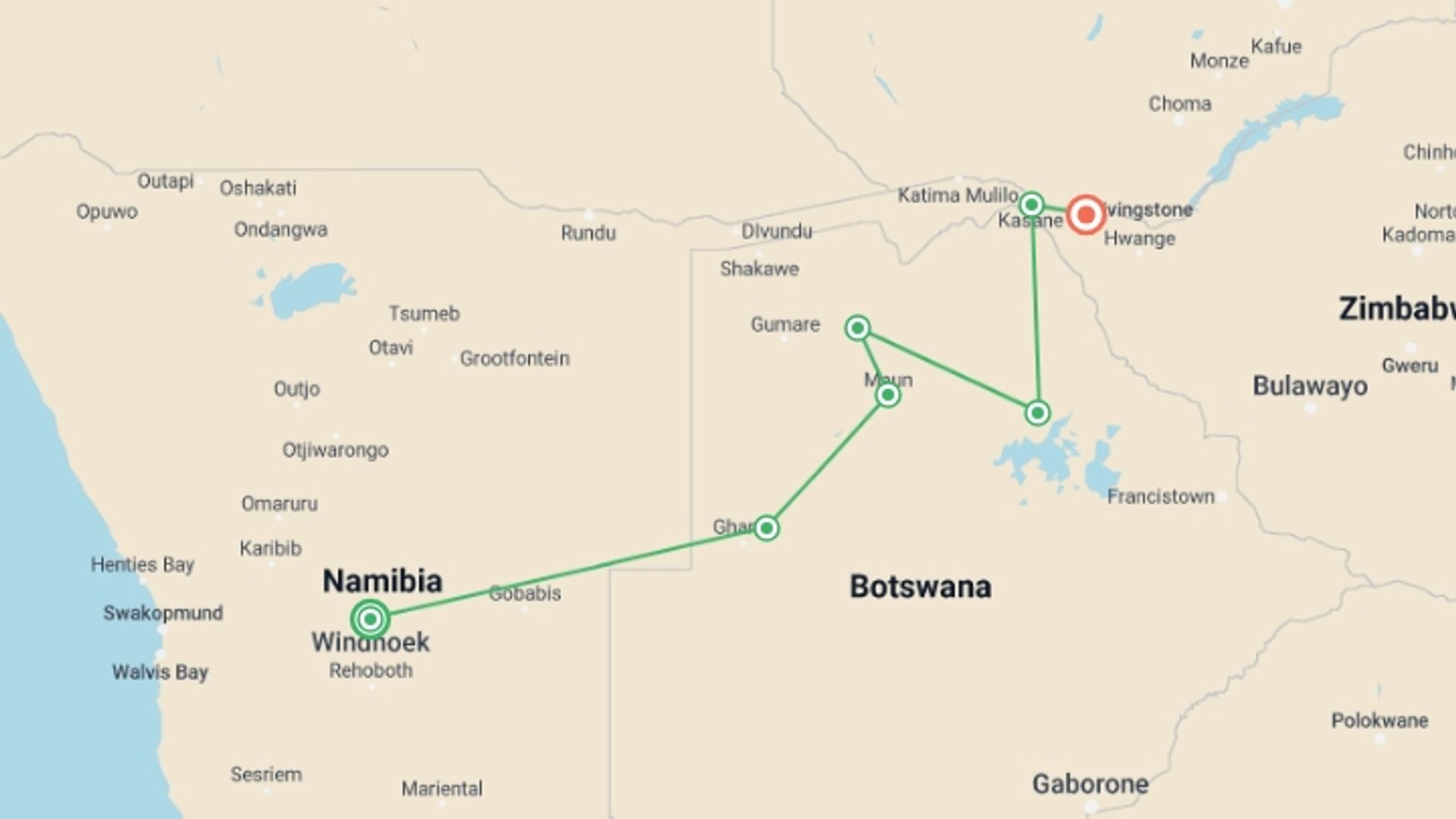 A map showing the tour itinerary for the trip: Namibia to Victoria Falls Overland Safari & Participation Camping, starting in Windhoek, Namibia and ending in Victoria Falls, Zimbabwe going through 5 other destinations.