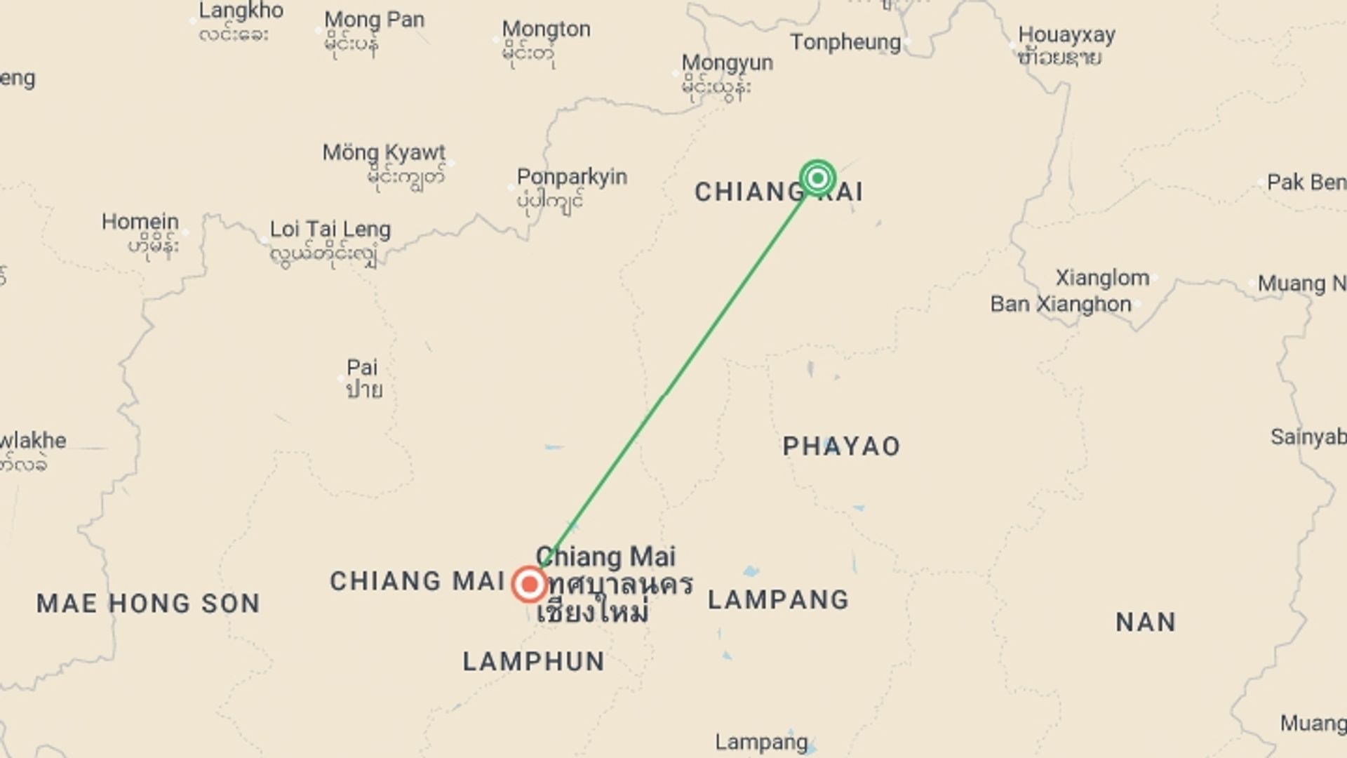 A map showing the tour itinerary for the trip: The Best Of North Thailand, Private Tour, starting in Chiang Rai, Thailand and ending in Chiang Mai, Thailand going through 2 other destinations.