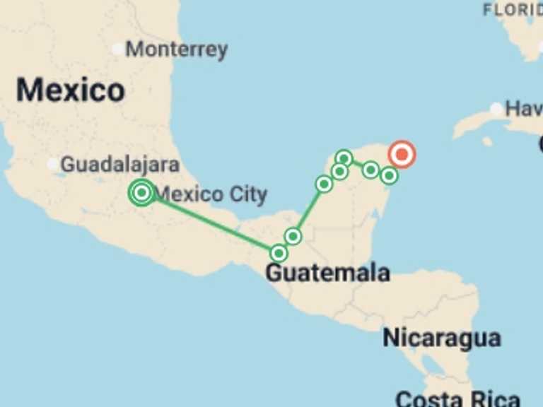 Map itinerary of Mexico Tour in March 2026 with 8 destination visits for the trip: Aztecs & Mayas With The Maya Train