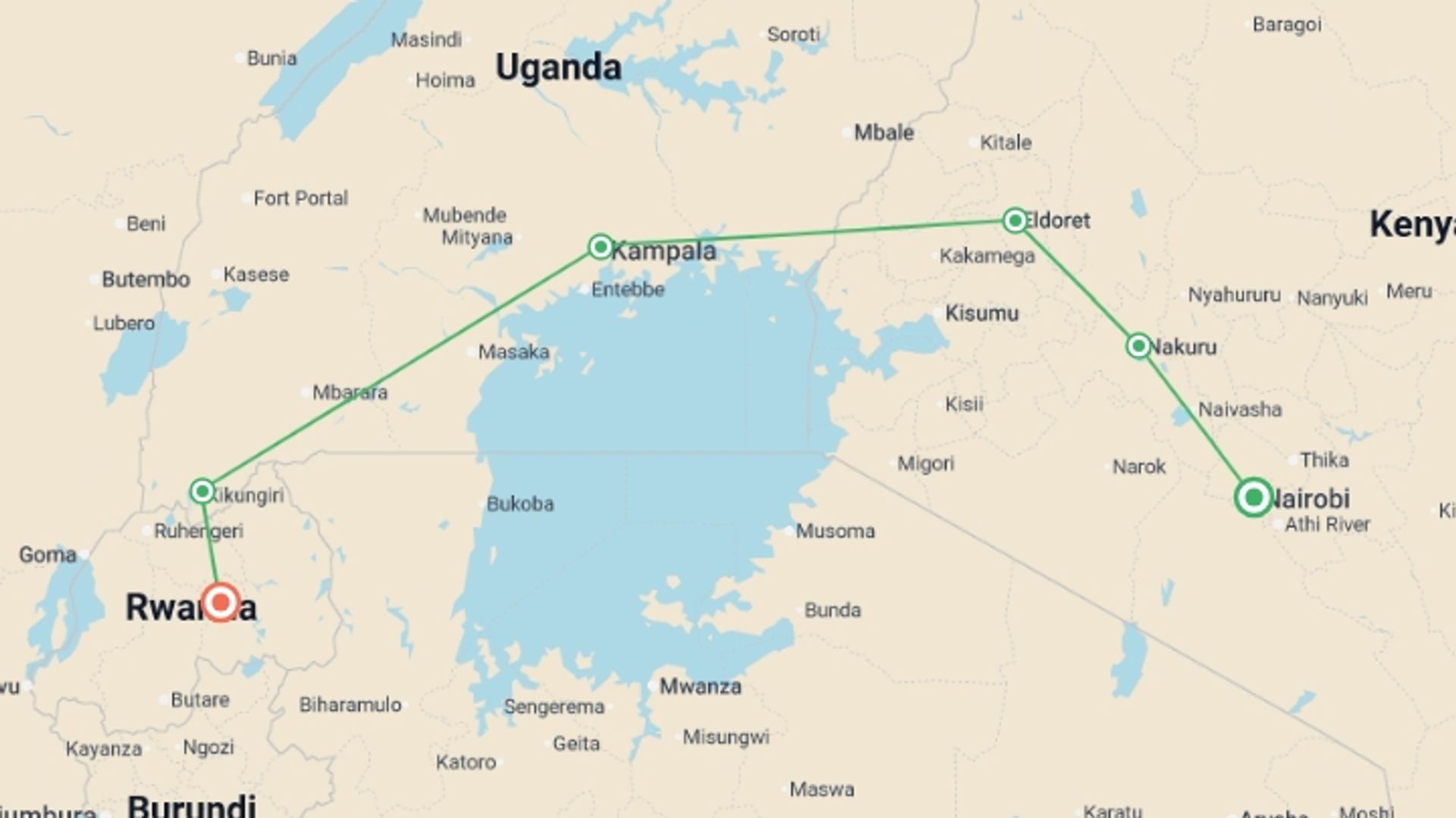 A map showing the tour itinerary for the trip: Nairobi To Kigali (13 Days) Gorillas & Gameparks, starting in Nairobi, Kenya and ending in Kigali, Rwanda going through 3 other destinations.