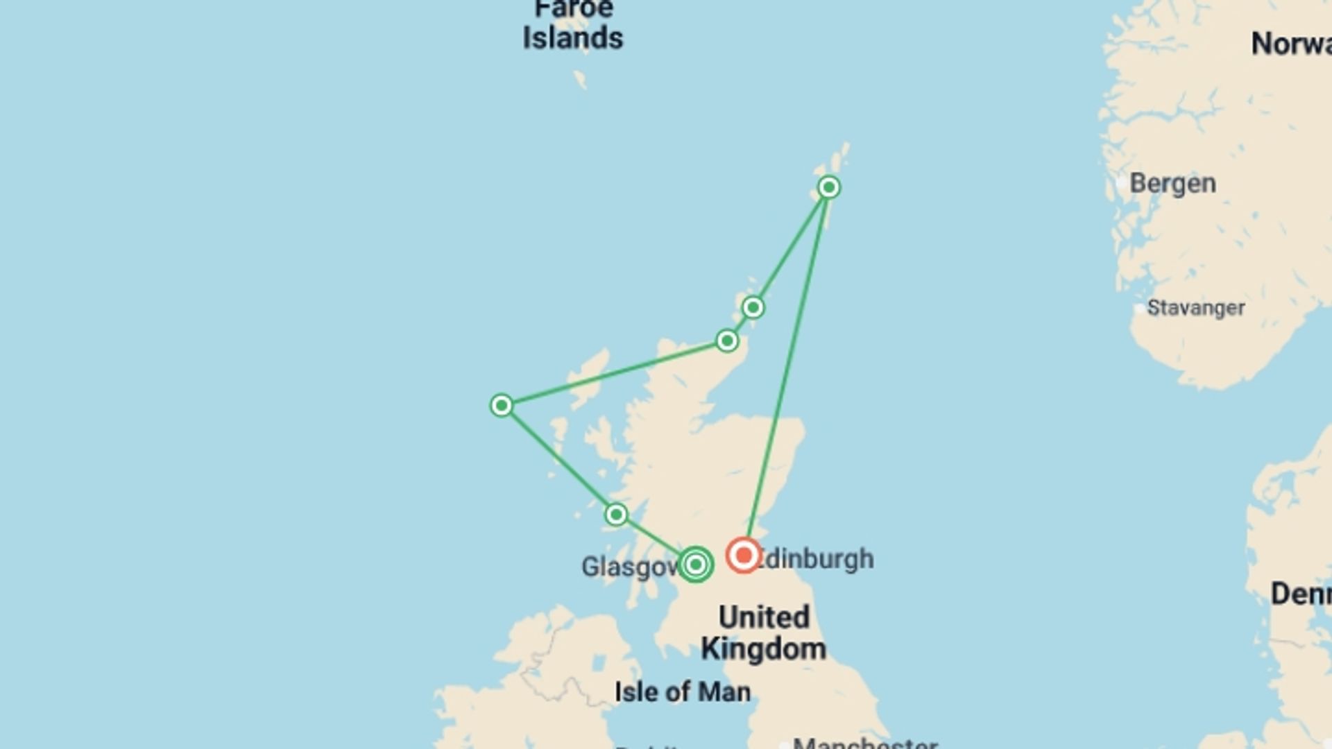 A map showing the tour itinerary for the trip: The Scottish Isles: An Expedition Through History & Highlands, starting in Glasgow, Scotland and ending in Leith, Scotland going through 5 other destinations.