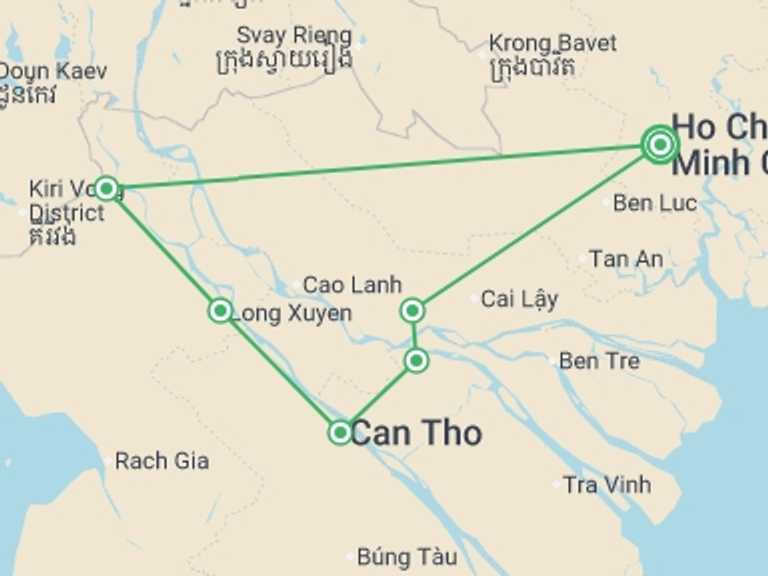 Map itinerary of Indochina Tour in August 2026 with 5 destination visits for the trip: Cycling the Mekong Delta - 7 days
