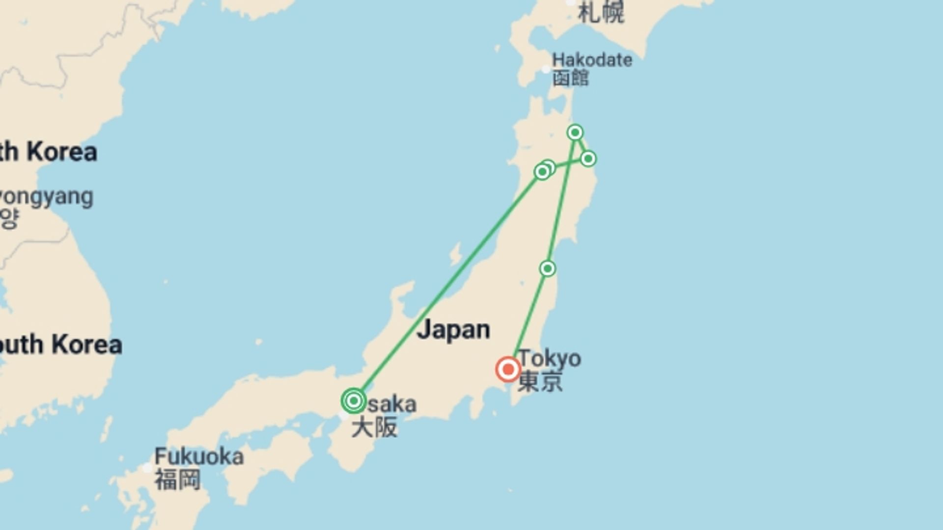 A map showing the tour itinerary for the trip: Japan: Kyoto, Tokyo & the Michinoku Coastal Trail, starting in Kyoto, Japan and ending in Tokyo, Japan going through 4 other destinations.