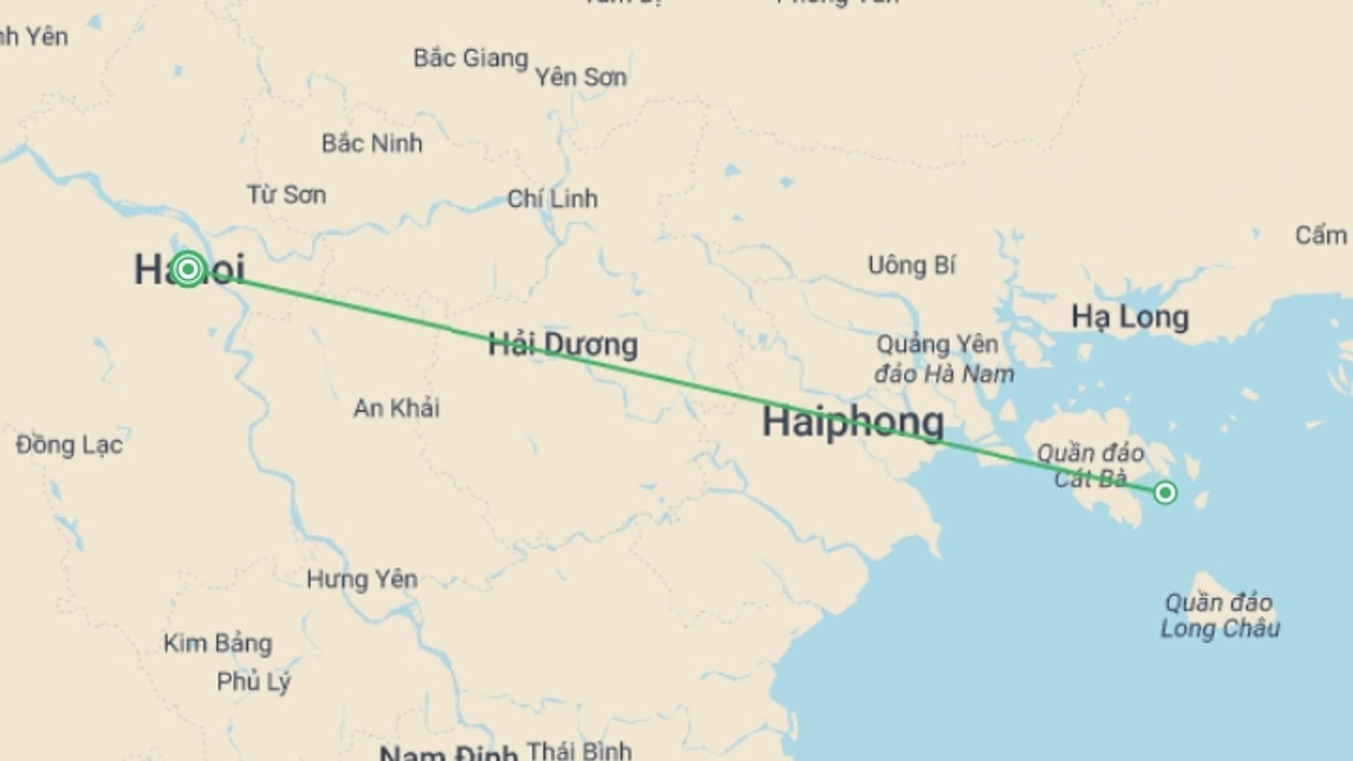A map showing the tour itinerary for the trip: Halong Bay Cruise 2D/1N, starting in Hanoi, Vietnam and ending in Hanoi, Vietnam going through 2 other destinations.