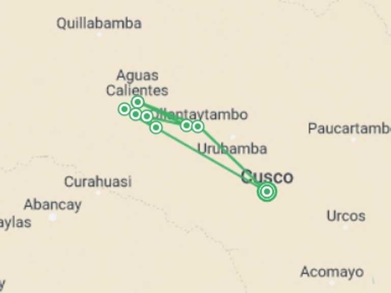 Map itinerary of South America Tour in January 2026 with 6 destination visits for the trip: 7 Day Trek Along the Inca Trail