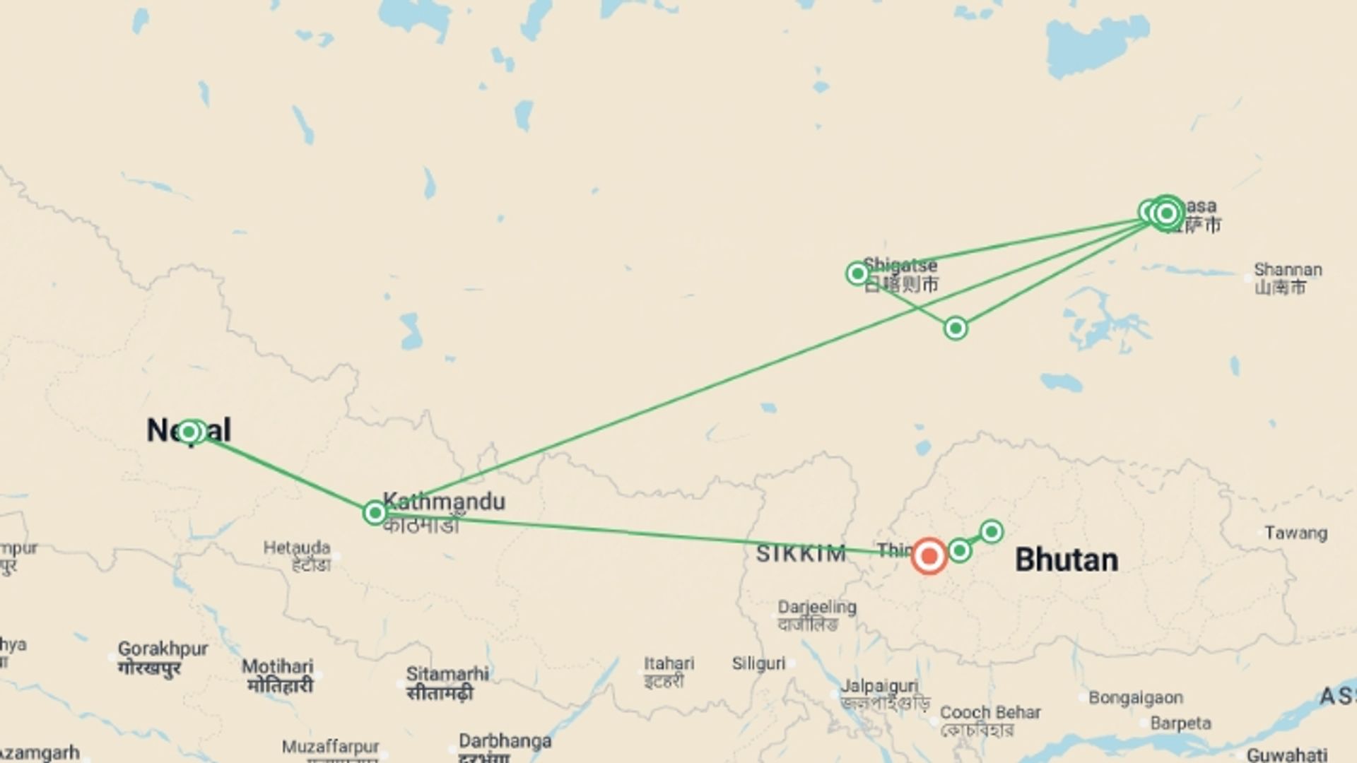 A map showing the tour itinerary for the trip: Ancient Cities Bhutan, Nepal and Tibet Tour, starting in Lhasa, China and ending in Paro, Bhutan going through 5 other destinations.