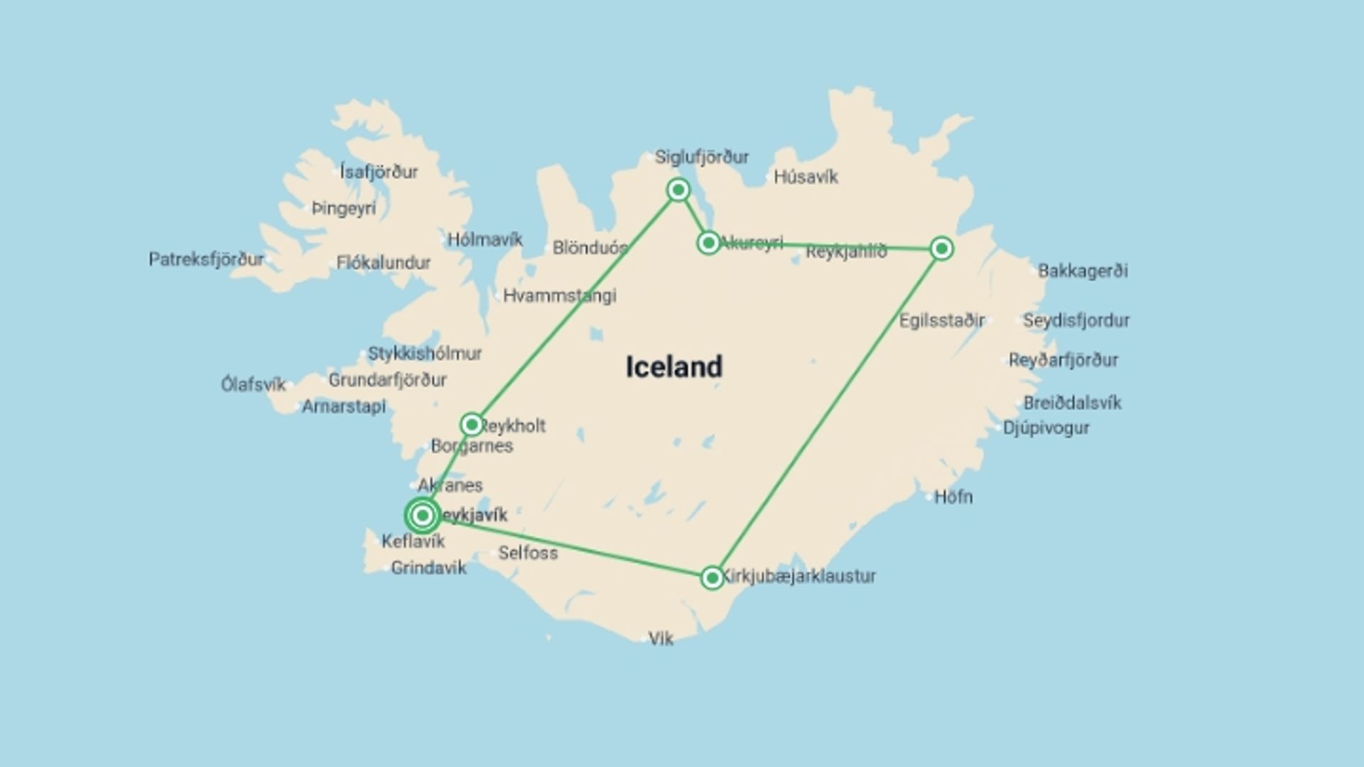 A map showing the tour itinerary for the trip: Totally Iceland - 7 days, starting in Reykjavik, Iceland and ending in Reykjavik, Iceland going through 6 other destinations.