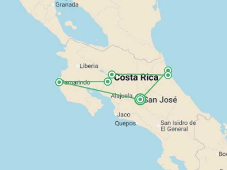 Map itinerary of Central America Tour in September 2026 with 7 destination visits for the trip: Costa Rica Highlights, 10 Days