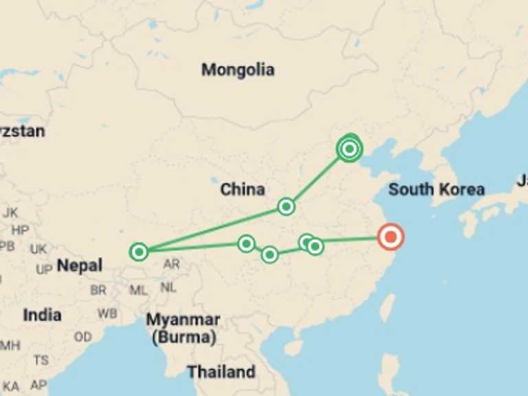 Map itinerary of China Tour in January 2027 with 7 destination visits for the trip: Tibet & China Luxury Tour