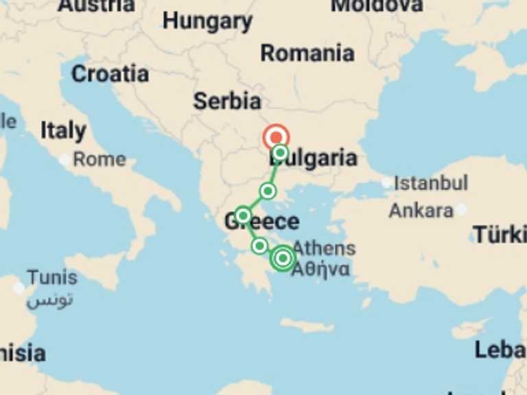 Map itinerary of Sofia Tour in September 2026 with 4 destination visits for the trip: Athens to Sofia - 7 days