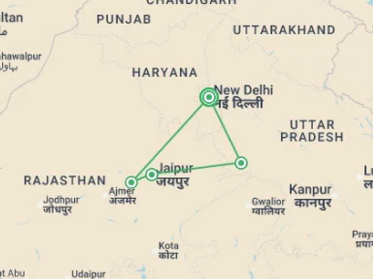 Map of a Sightseeing, attractions, culture and history Tour with 4 destination visits for the trip: Journeys: North India Highlights