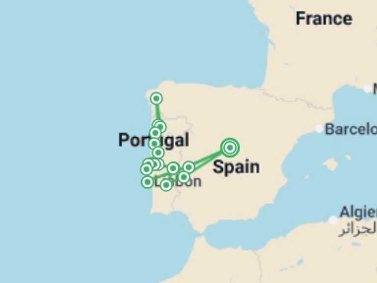 Map of 8-Day Mediterranean Tour with 6 destination visits for the trip: Northern and Southern Portugal
