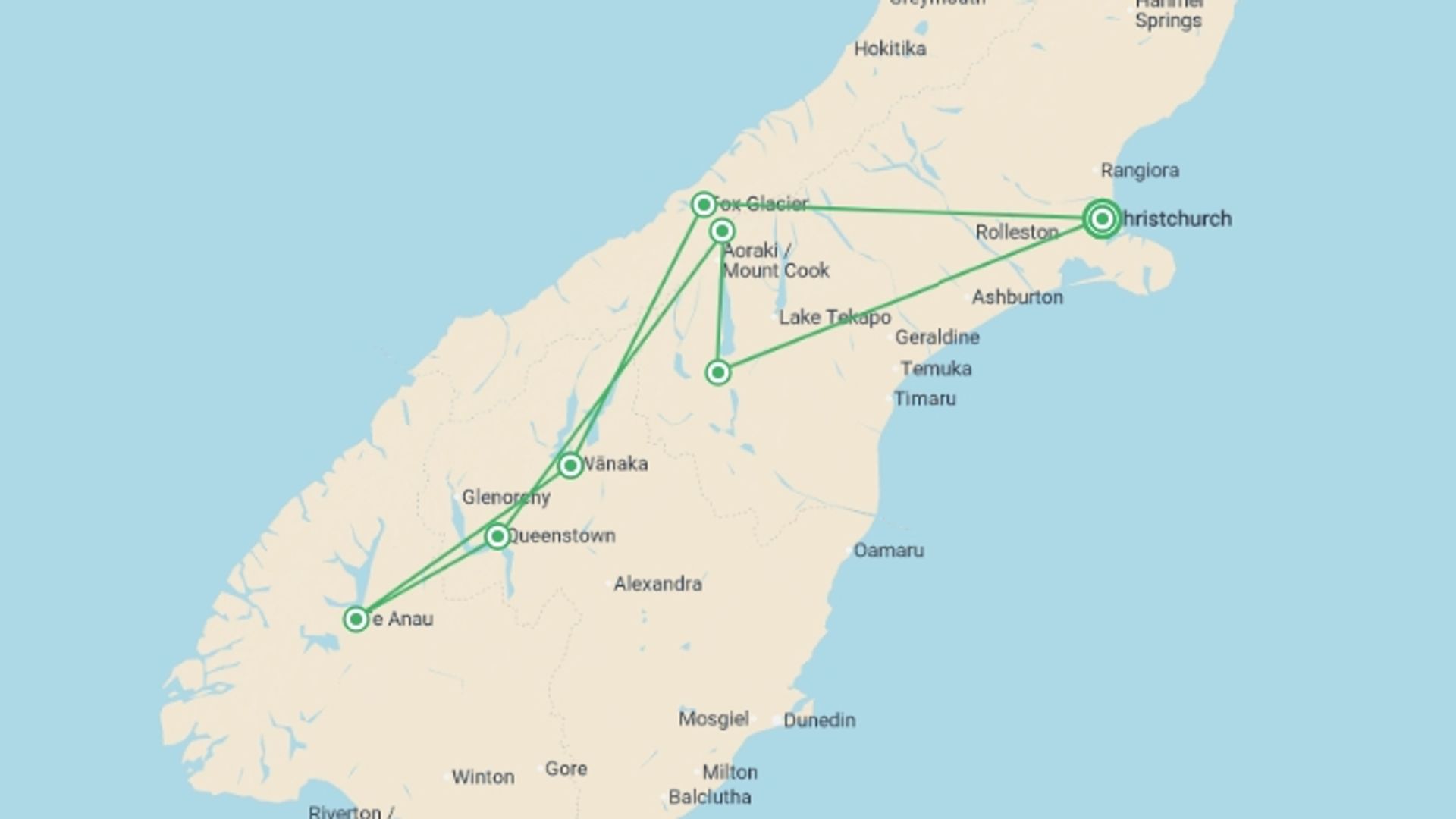 A map showing the tour itinerary for the trip: South Island Discovery - 10 days, starting in Christchurch, New Zealand and ending in Christchurch, New Zealand going through 5 other destinations.