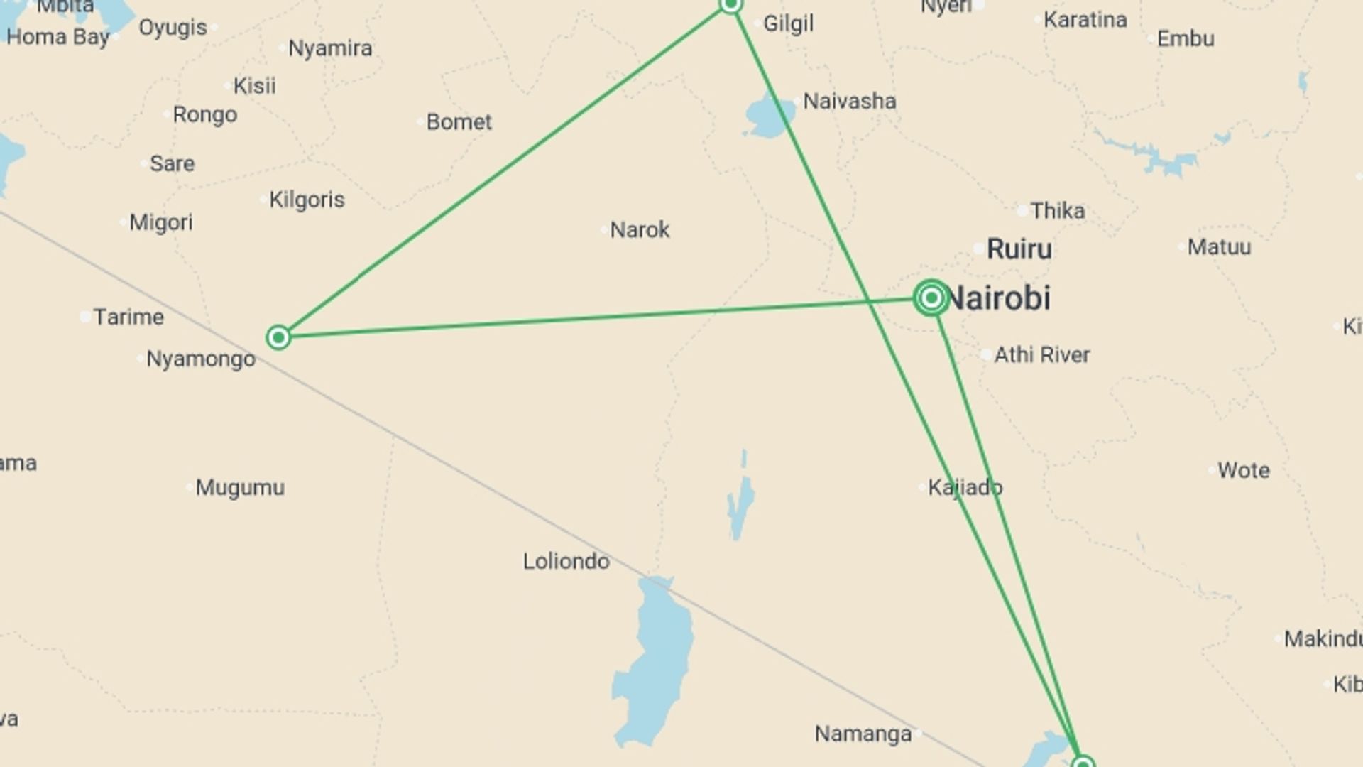 A map showing the tour itinerary for the trip: Highlights of Kenya, starting in Nairobi, Kenya and ending in Nairobi, Kenya going through 3 other destinations.