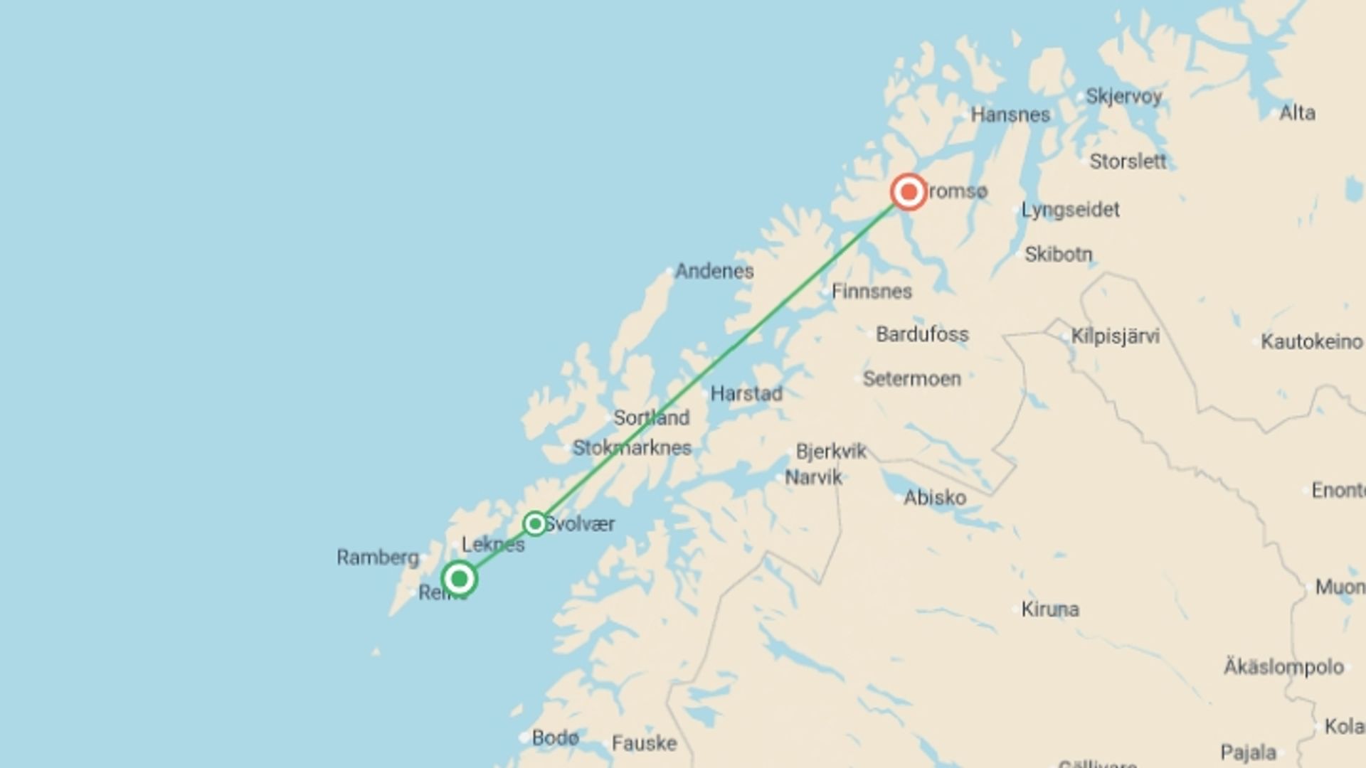 A map showing the tour itinerary for the trip: Lofoten & Tromso Discovery - 7 days, starting in Lofoten, Norway and ending in Tromso, Norway going through 1 other destinations.