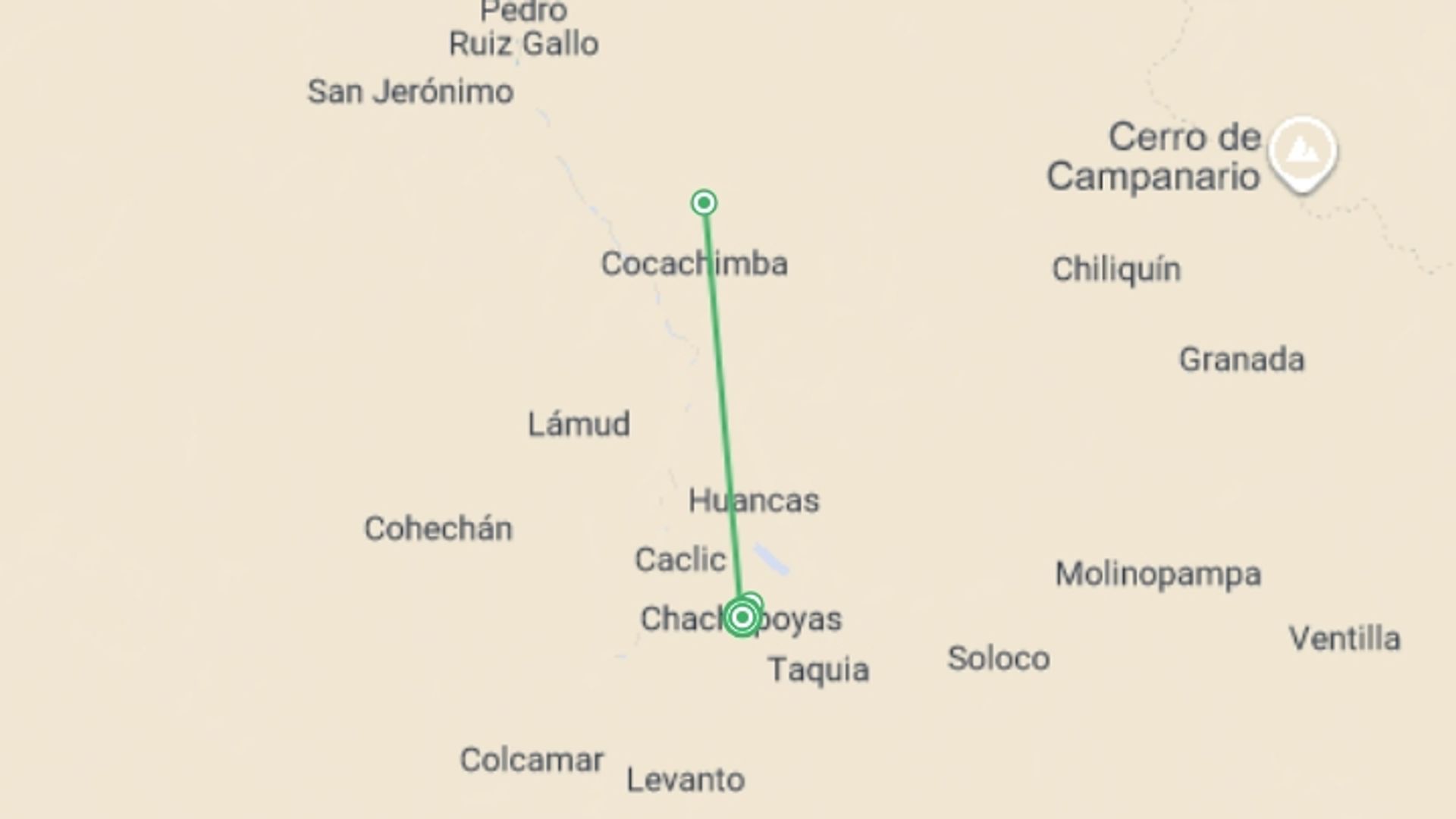 A map showing the tour itinerary for the trip: Chachapoyas, Treasure Of The North, Private Tour, starting in Amazon Peru, Peru and ending in Chachapoyas, Peru going through 0 other destinations.