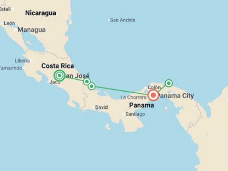 Map of North America Tour with 5 destination visits for the trip: San Jose to Panama City Travel Pass