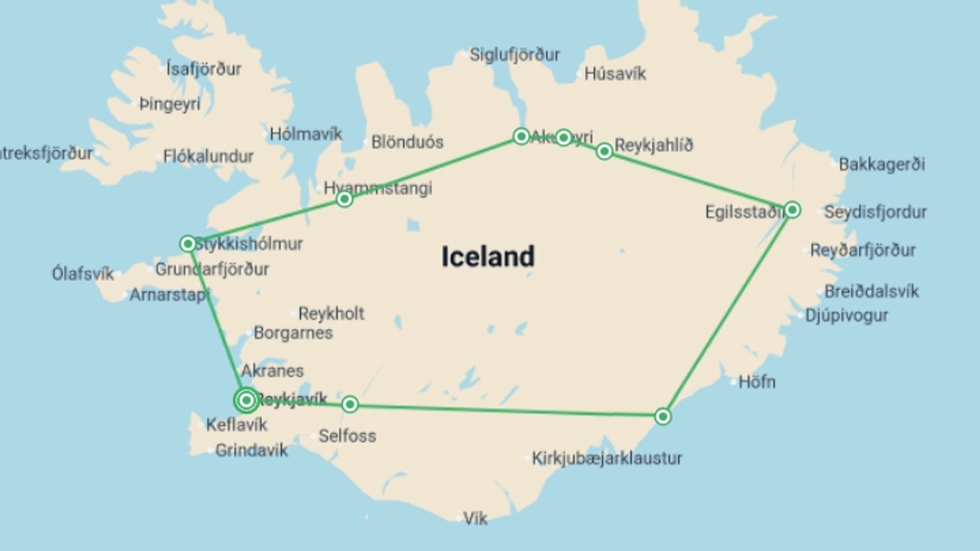 A map showing the tour itinerary for the trip: Iceland Explorer, starting in Reykjavik, Iceland and ending in Reykjavik, Iceland going through 4 other destinations.