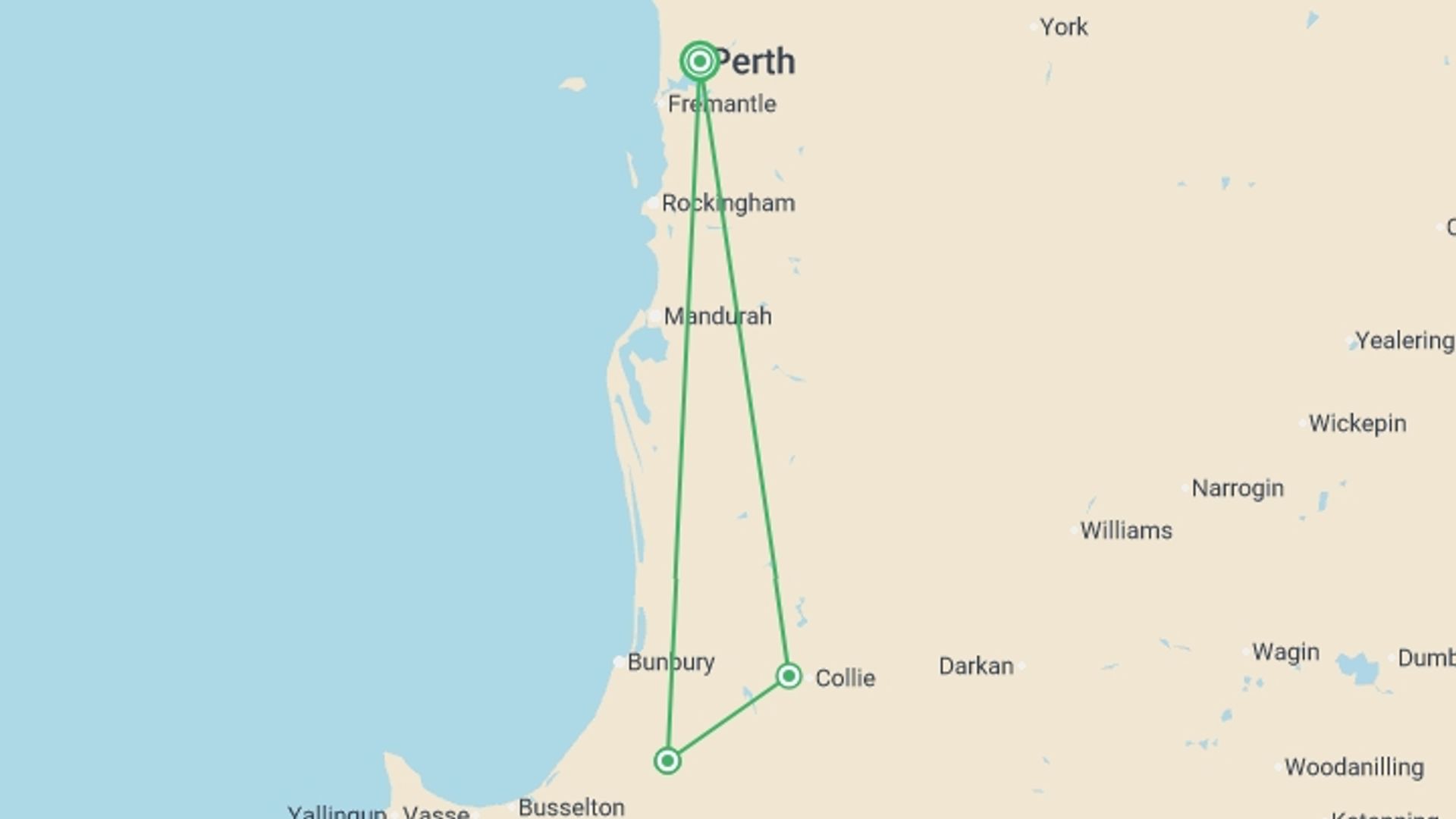 A map showing the tour itinerary for the trip: Hike the Bibbulmun Track: Collie to Balingup, starting in Perth, Australia and ending in Perth, Australia going through 2 other destinations.