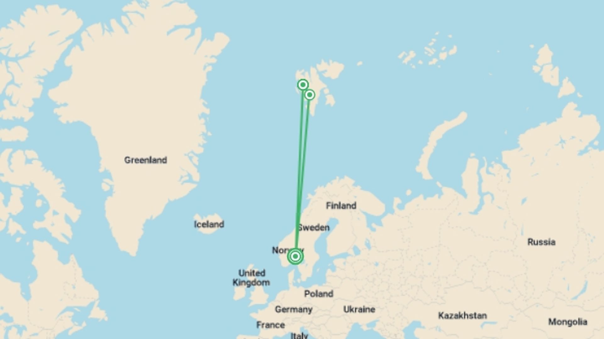 A map showing the tour itinerary for the trip: Svalbard In Depth - M/V Greg Mortimer, starting in Oslo, Norway and ending in Oslo, Norway going through 2 other destinations.