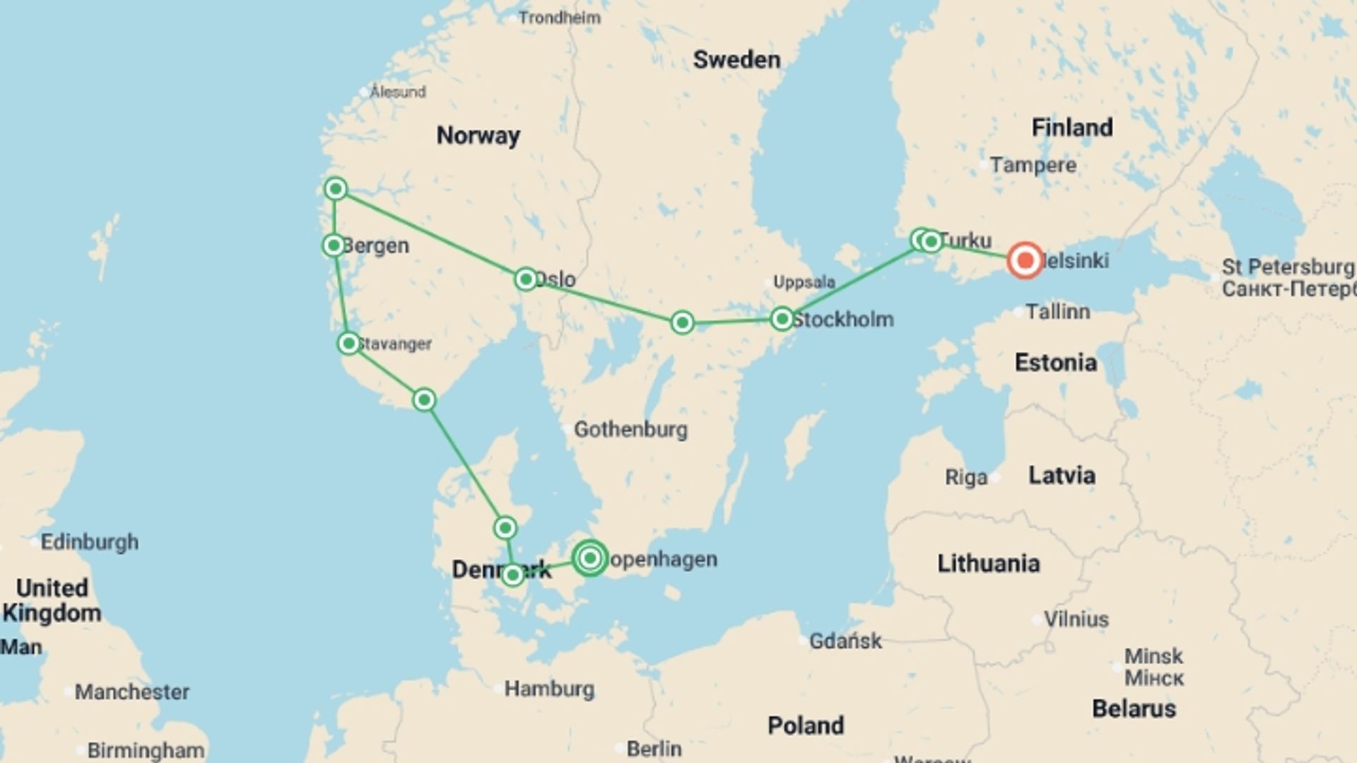 A map showing the tour itinerary for the trip: From Copenhagen to Helsinki, starting in Copenhagen, Denmark and ending in Helsinki, Finland going through 6 other destinations.
