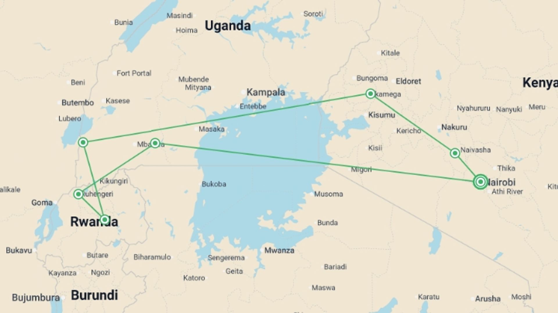 A map showing the tour itinerary for the trip: Nairobi To Nairobi (20 Days) Gorillas & Gameparks, starting in Nairobi, Kenya and ending in Nairobi, Kenya going through 6 other destinations.