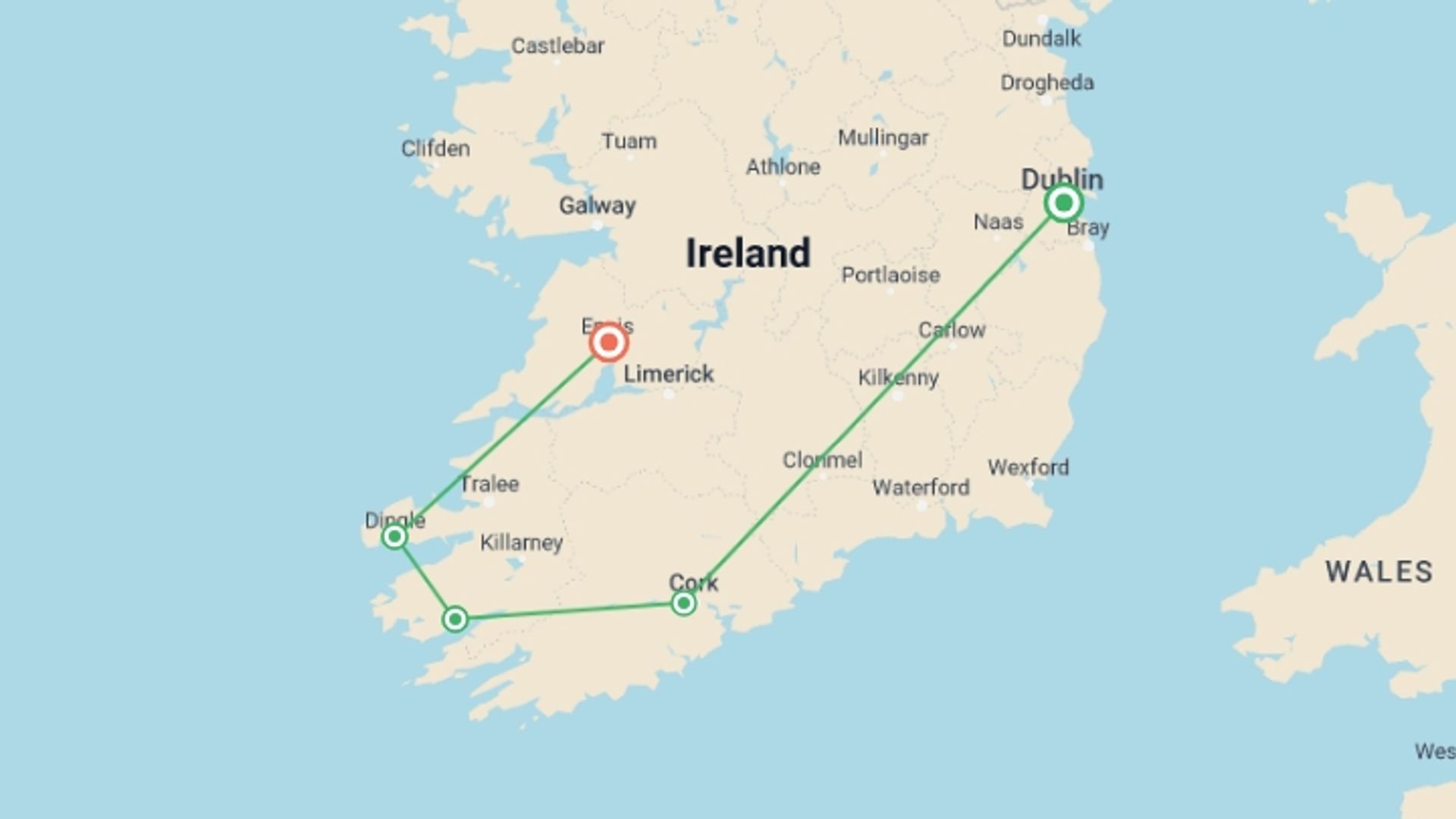 A map showing the tour itinerary for the trip: Ireland: Charming Villages, Traditional Tales & Hiking the Dingle Peninsula, starting in Dublin, Ireland and ending in Ennis, Ireland going through 3 other destinations.