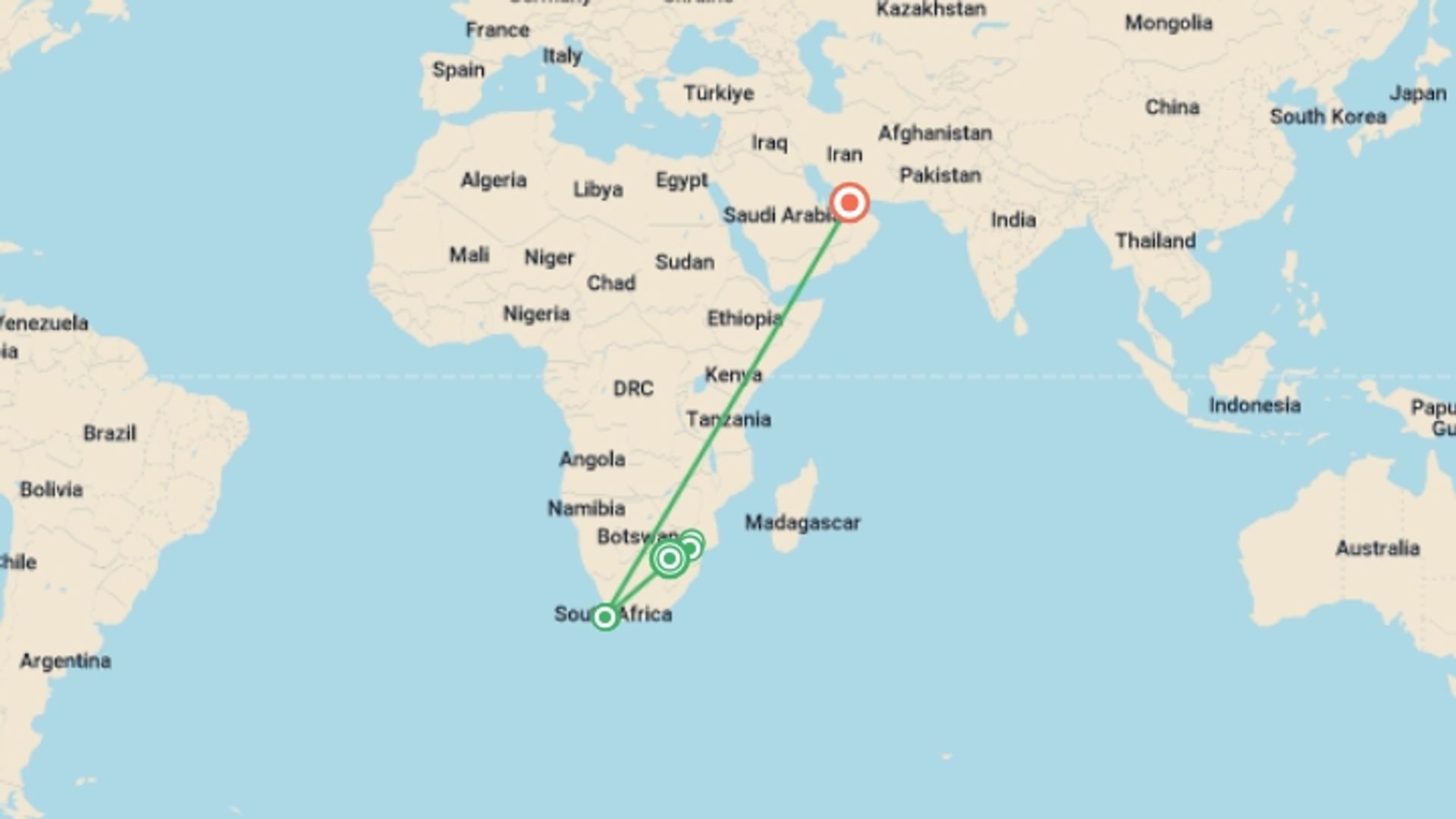 A map showing the tour itinerary for the trip: Super South Africa and Dubai, starting in Johannesburg, South Africa and ending in Dubai, UAE going through 4 other destinations.