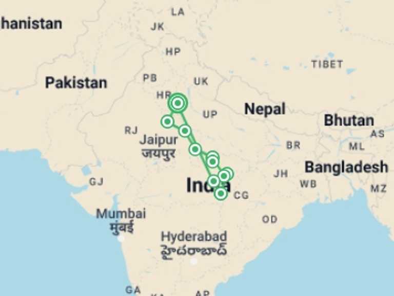 Map of New Delhi Wildlife safaris and game drives Tour with 10 destination visits for the trip: India Tiger Safari