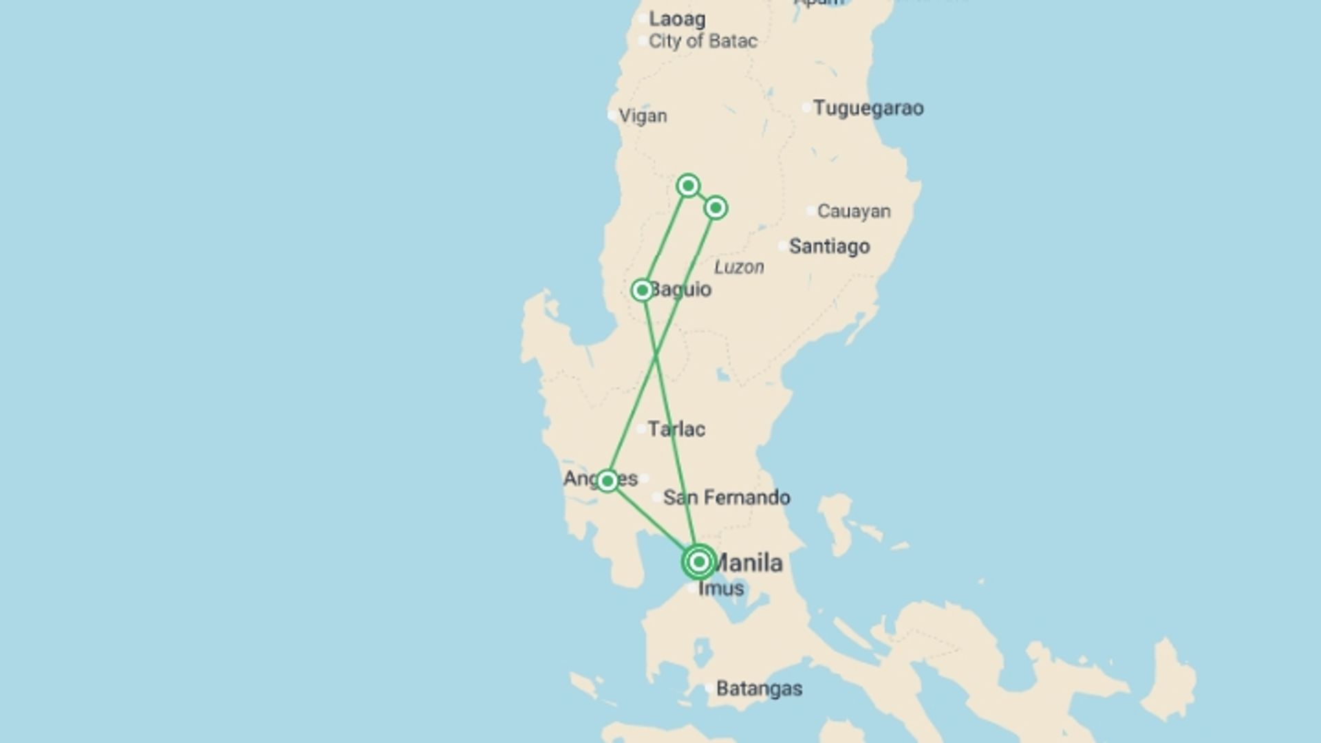 A map showing the tour itinerary for the trip: Northern Philippines Highlights, starting in Manila, Philippines and ending in Manila, Philippines going through 4 other destinations.