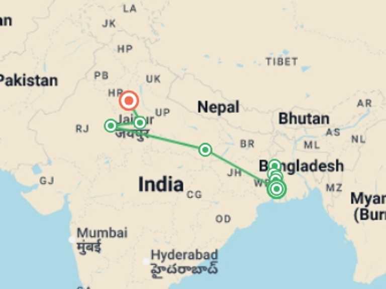Map of Agra Tour with 10 destination visits for the trip: Cruise on the Ganges between Kolkata and Varanasi & the splendors of Rajasthan (port-to-port cruise)