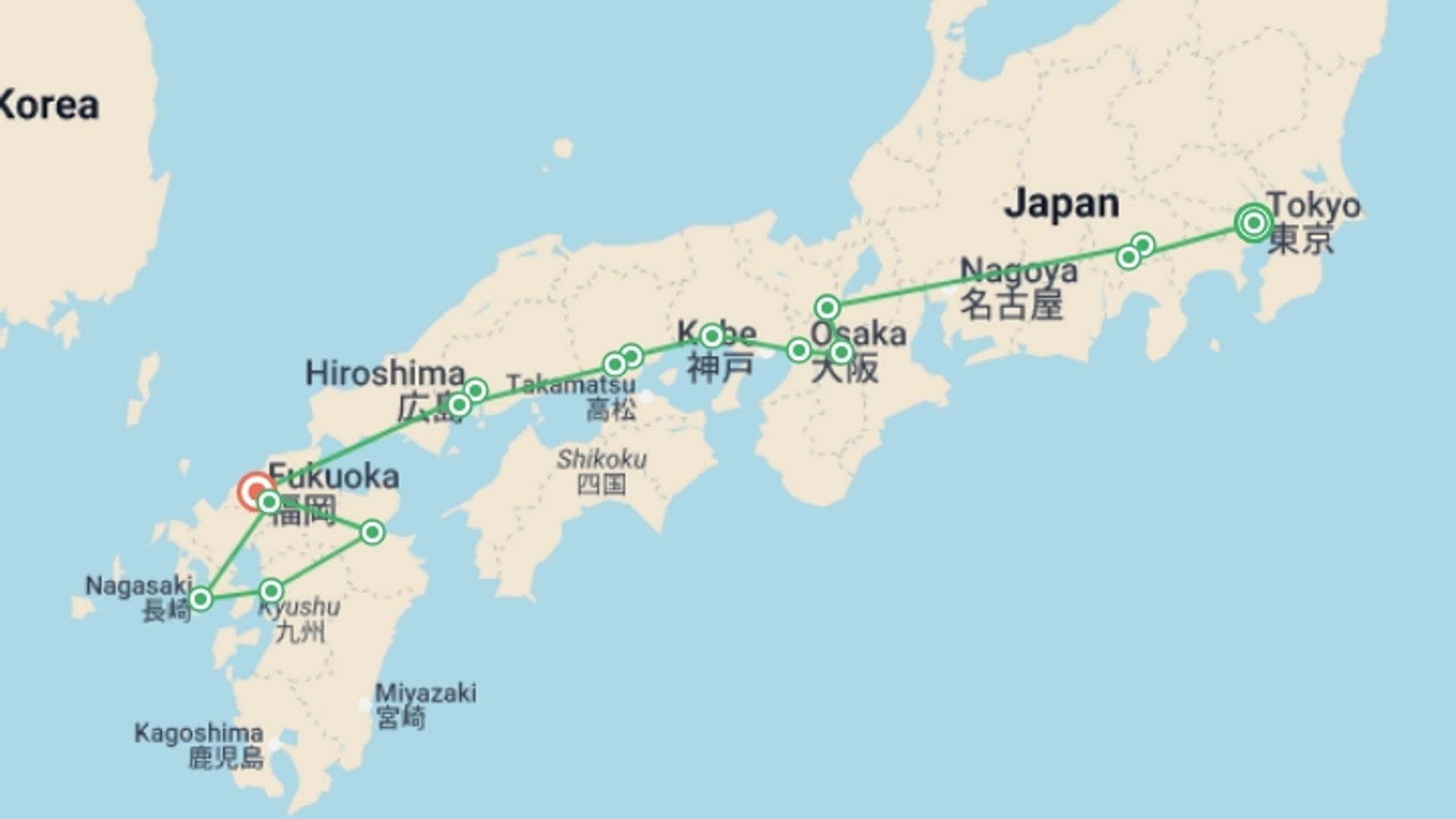 A map showing the tour itinerary for the trip: Contrasts of Japan and Kyushu Island, starting in Tokyo, Japan and ending in Fukuoka, JAPON going through 8 other destinations.