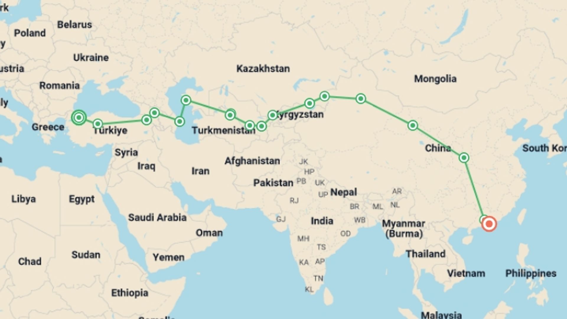 A map showing the tour itinerary for the trip: Silk Road Railway , starting in Istanbul, Turkey and ending in Hong Kong, Hong Kong going through 15 other destinations.