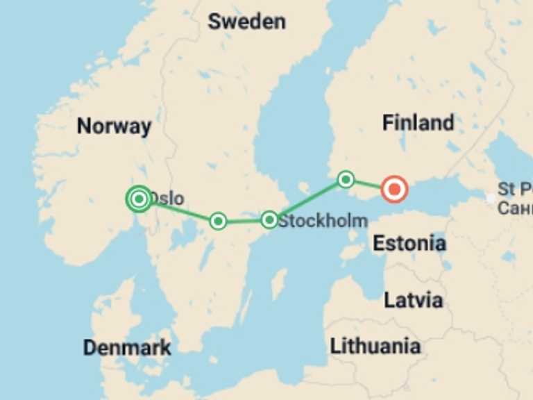 Map of Europe Tour with 4 destination visits for the trip: Scandinavian Secrets