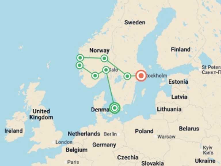 Map itinerary of Europe Tour in June 2026 with 8 destination visits for the trip: Highlights of Scandinavia