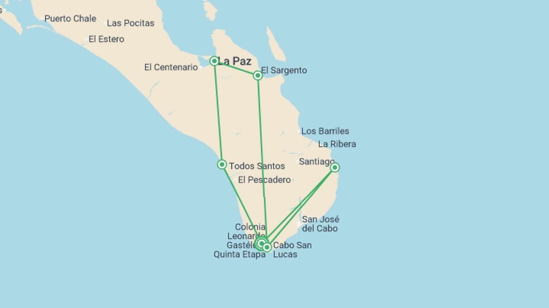 A map showing the tour itinerary for the trip: Baja Group Self-Drive Caravan & Camping Adventure 8D/7N, starting in Los Cabos, Mexico and ending in Los Cabos, Mexico going through 6 other destinations.